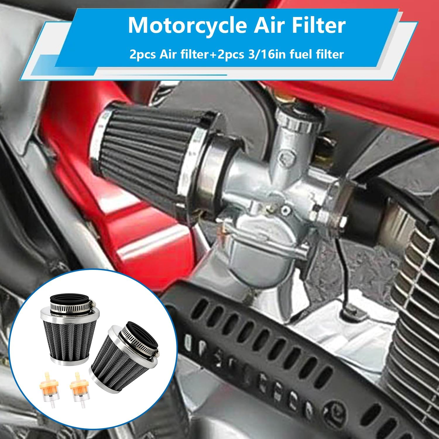 Smseace 2Pcs 54Mm Motorcycle Air Filter with 2Pcs 3/16" Fuel Filter Replace for 70Cc 100Cc 110Cc 125Cc 150Cc 200Cc Moped Scooter ATV Dirt Bike Motorcycle image number 4