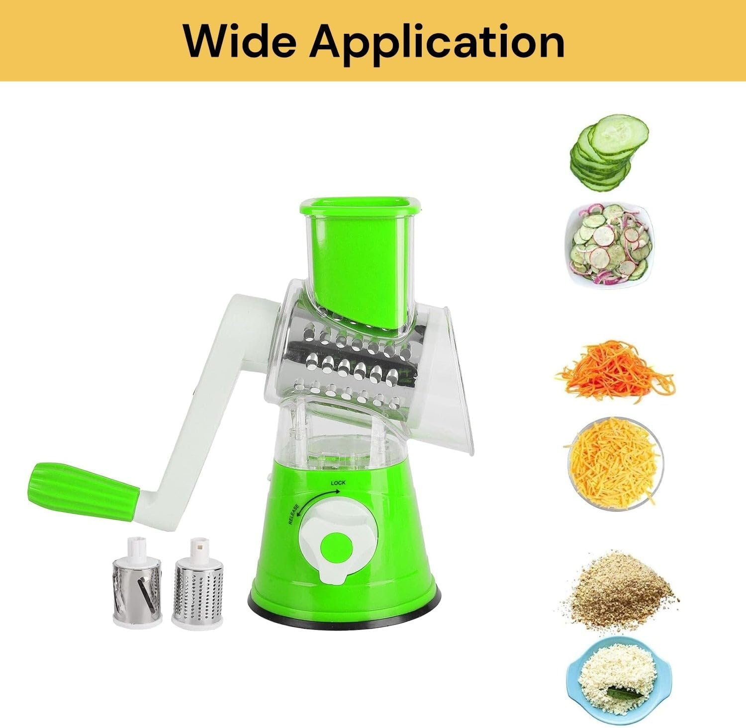 EZONEDEAL Multi-Functional 3 in 1 Vegetable Fruit Cutter Slicer Cheese Shredder, Speedy Rotary Drum Grater Slicer with 3 Stainless Steel Blade Hand-Pedal Chopper (Green) image number 6
