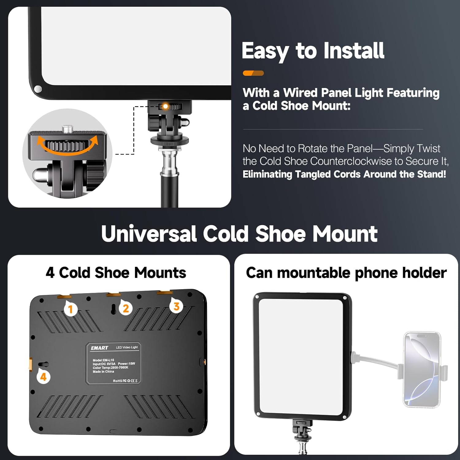 2-Pack LED Video Light Kit, EMART Studio Light with Phone Holder& Light Barndoor, 2800-7000K Dimmable Photography Lighting for Video Recording, 60'' Tripod for Streaming, Youtube, Make Up image number 4