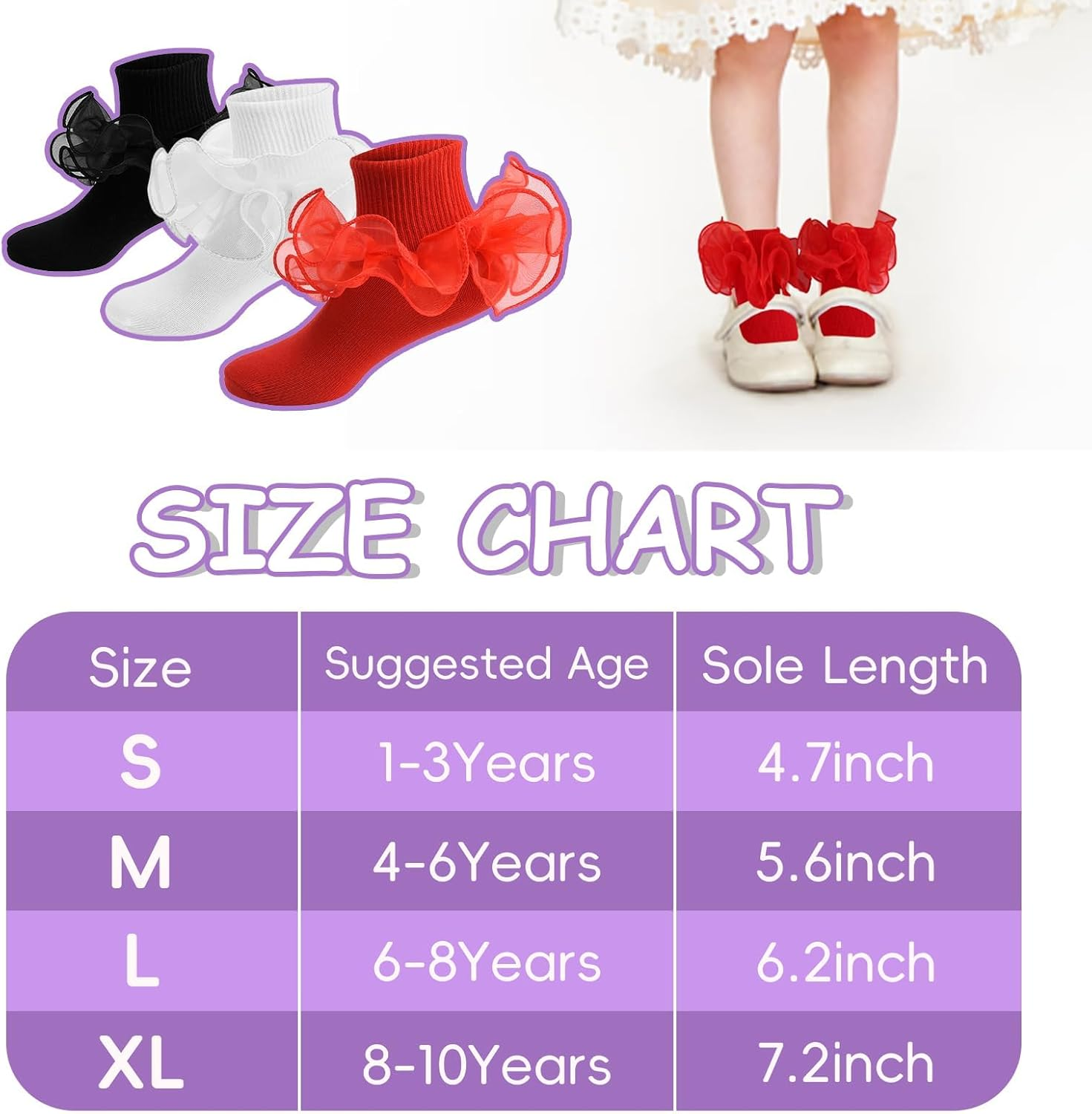 3 Pairs Girls Ruffle Lace Socks | Frilly Dress Socks with Big Turn Cuff for 1-3/4-6/6-8/8-10 Years Old Girls Kids | Cotton White Black Red image number 4