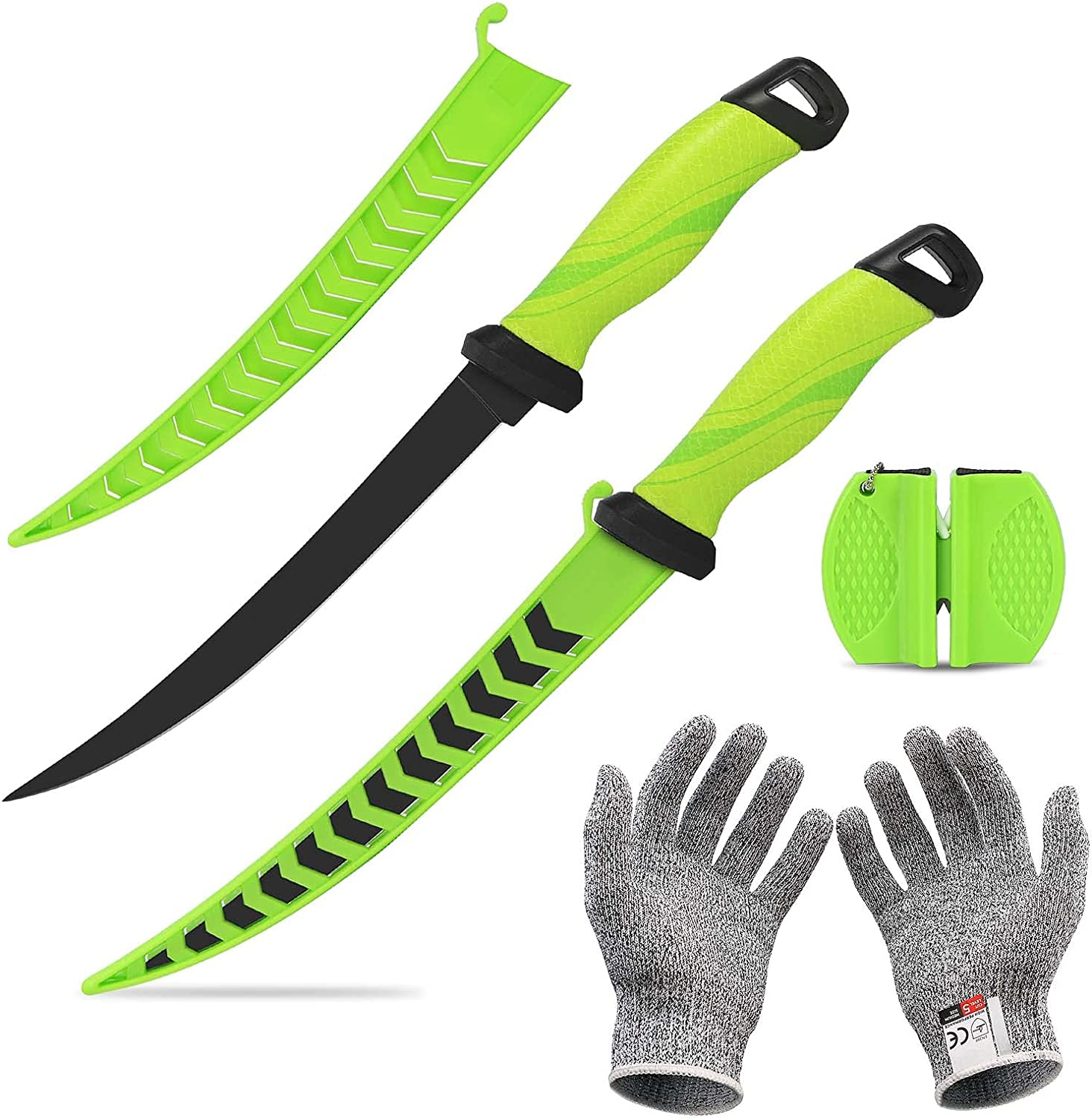 Meat and Fish Fillet Knife - Curved Steel Blades with Sheath, Sharpener, Non-Slip Handles Ideal for Filleting and Deboning