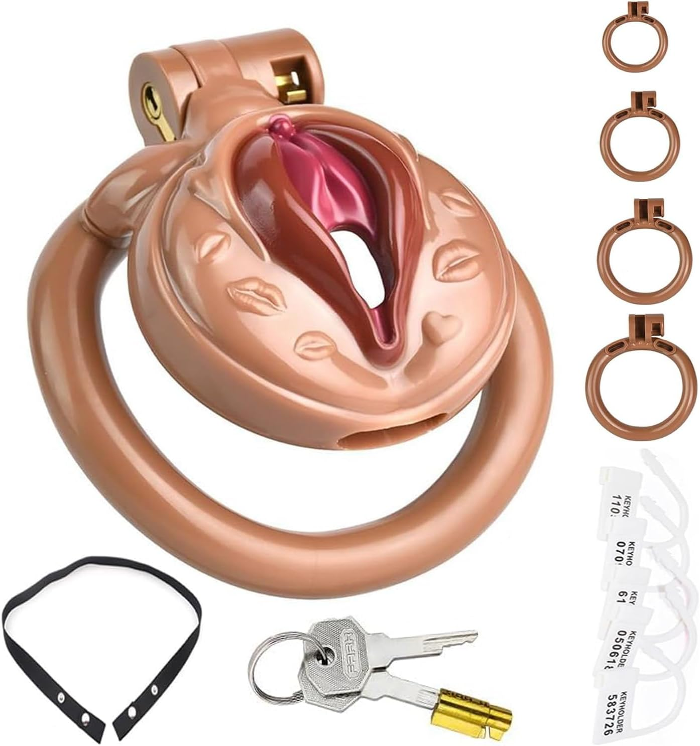 Male Inverted Negative Sissy Chastity Cage with 4 Rings Set, Small Men Flat Chastity Device Lock, Realistic Pussy Cage Design, BDSM Bondage Adults Sex Toys for Gay Couples (Pink)