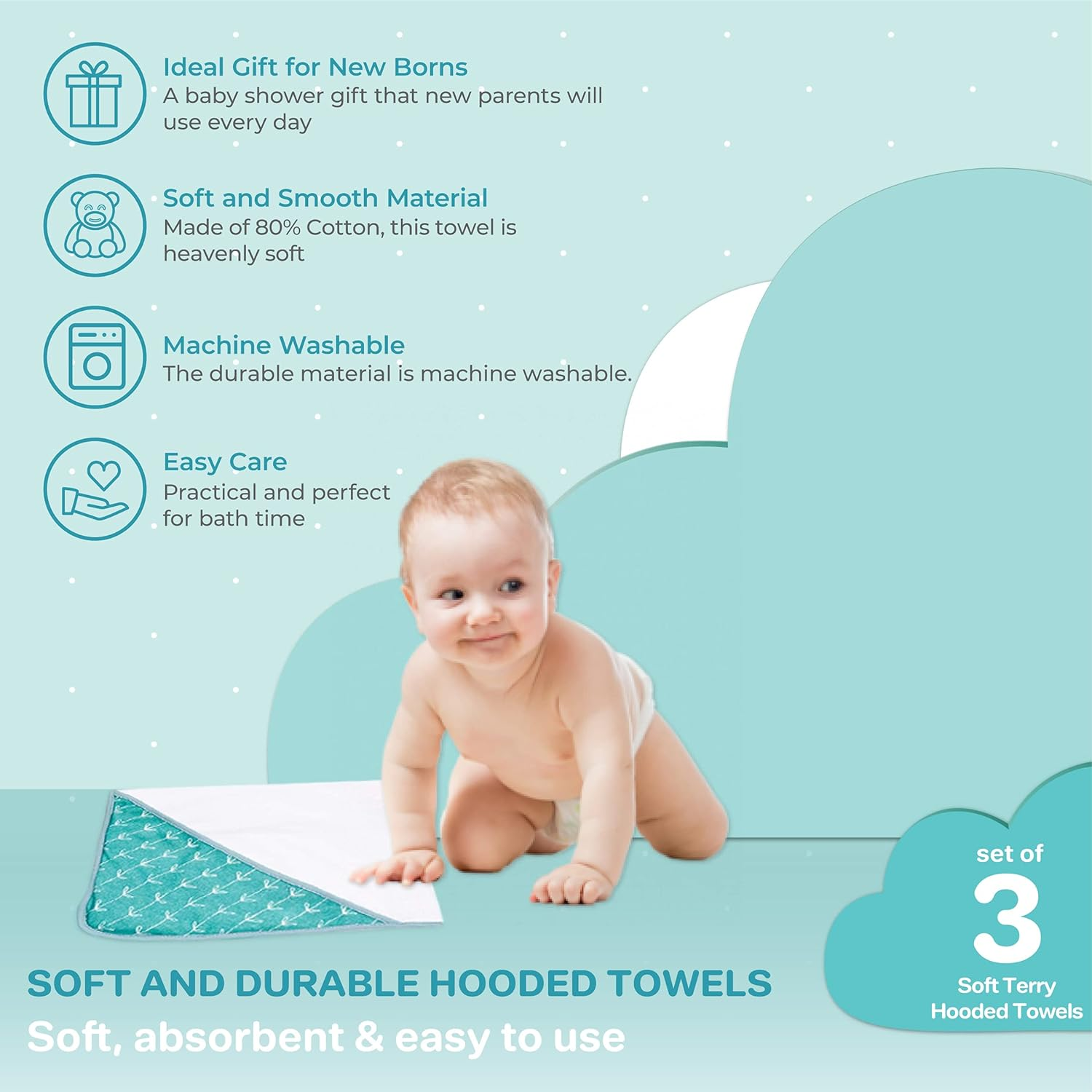 Spasilk Hooded Towel Set for Newborn Boys and Girls, Soft Terry Towel Set, Pack of 3, Green Dots image number 6