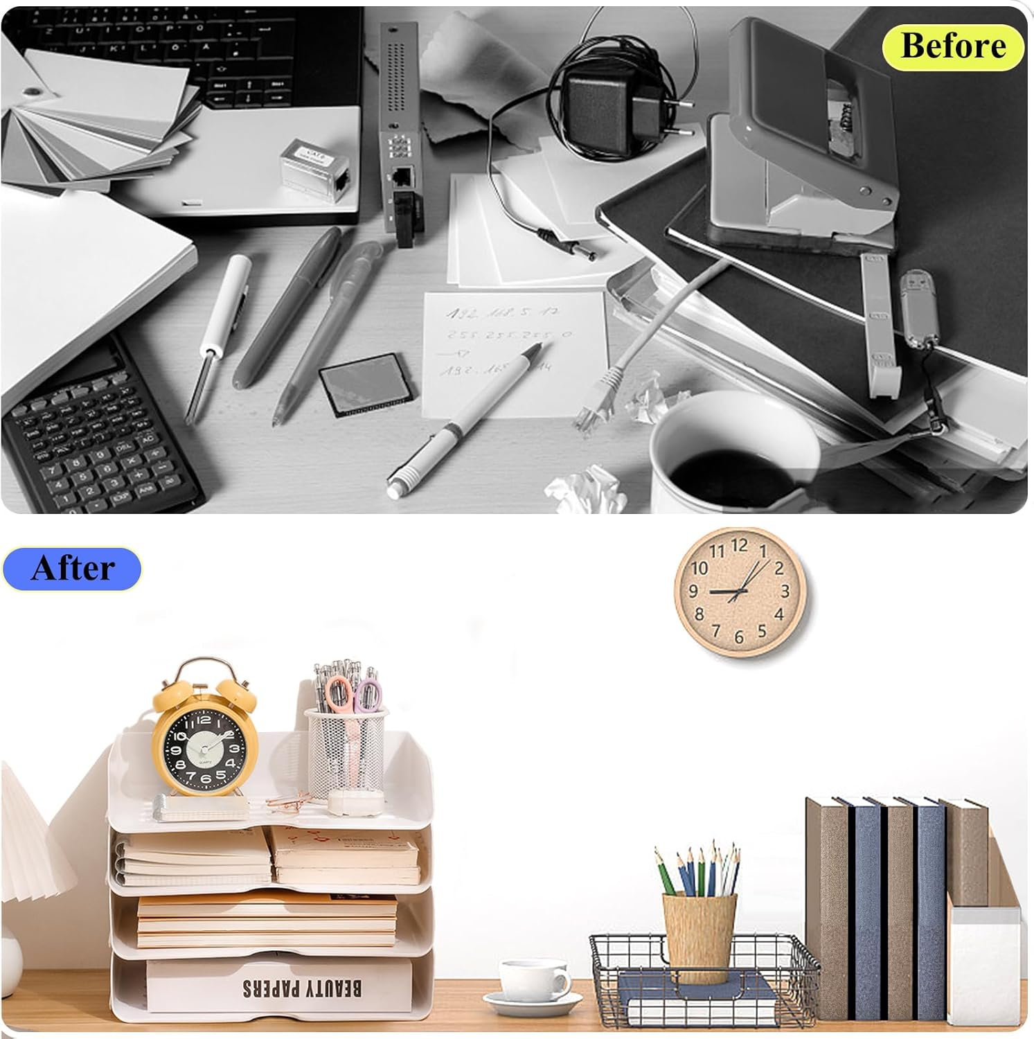 Desk Organiser and Storage, 4-Tier Paper Letter Tray Organiser, Stackable White Desktop Organiser, Storage Compartments, Stackable Order for Documents, Paper, Book Magazine, Office Supplies （4 Pack） image number 2