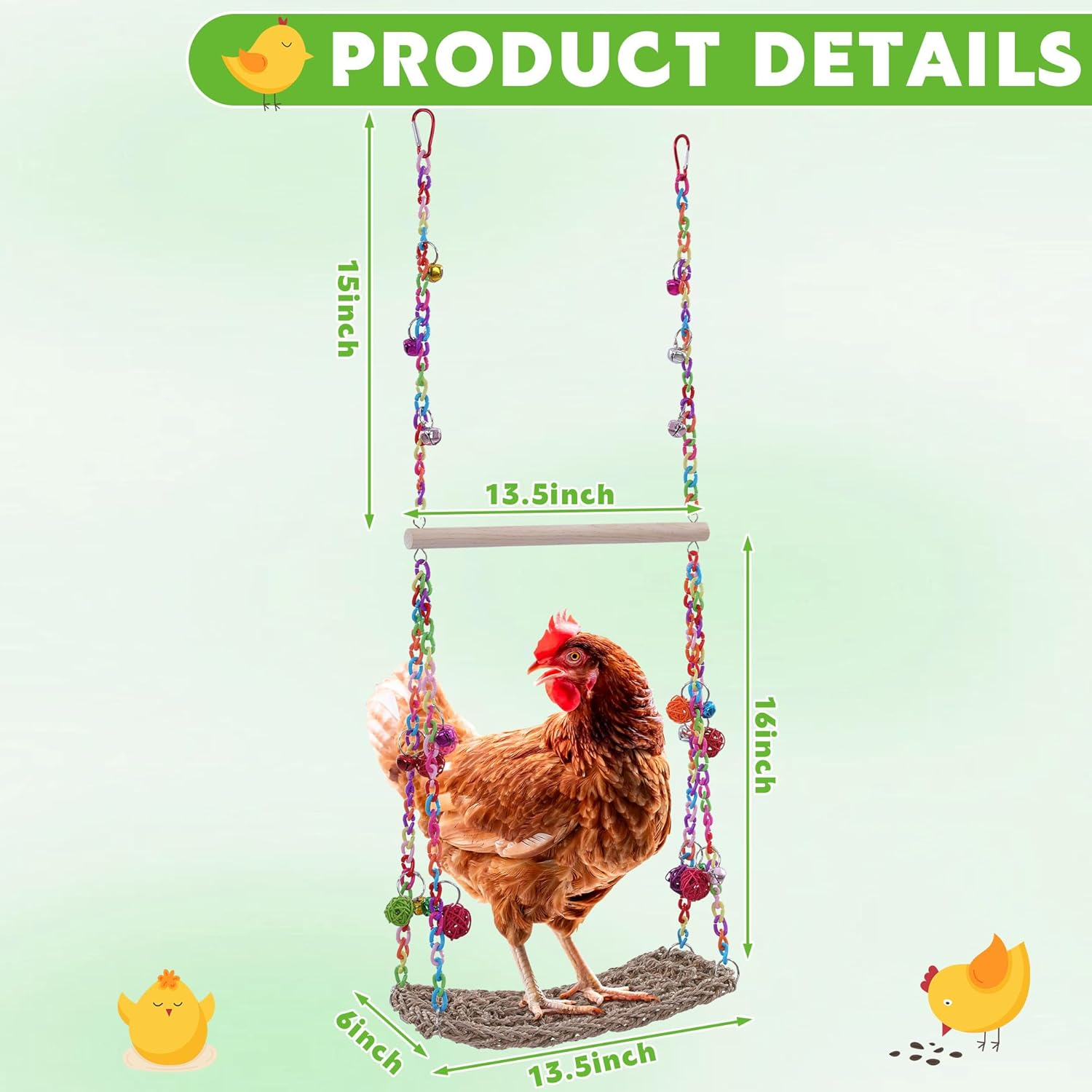 MABOZOO Chicken Swing Toy, Chicken Perch Seagrass Woven Hammock Swing Mat Climbing Hammock with Wood Perch Stand, Bird Swing Toy for Hens Chicken Bird Budgie image number 1
