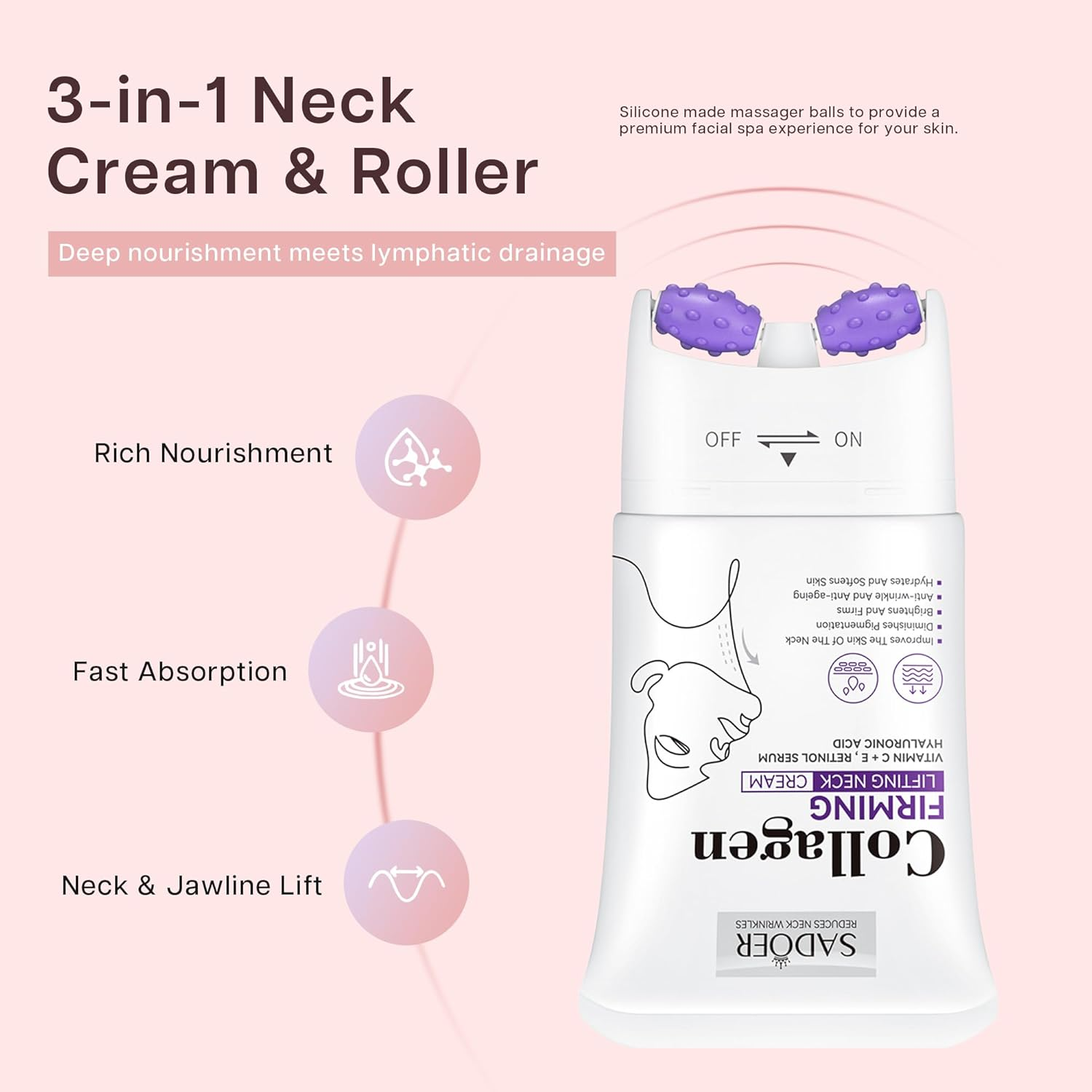 TINYLENS SADOER Retinol Neck Firming Cream with Dual Massage Rollers, Lifting Moisturizer for Fine Lines, Jawline & Elasticity, Hydrating D&eacute;collet&eacute; Cream, 3.8 Oz