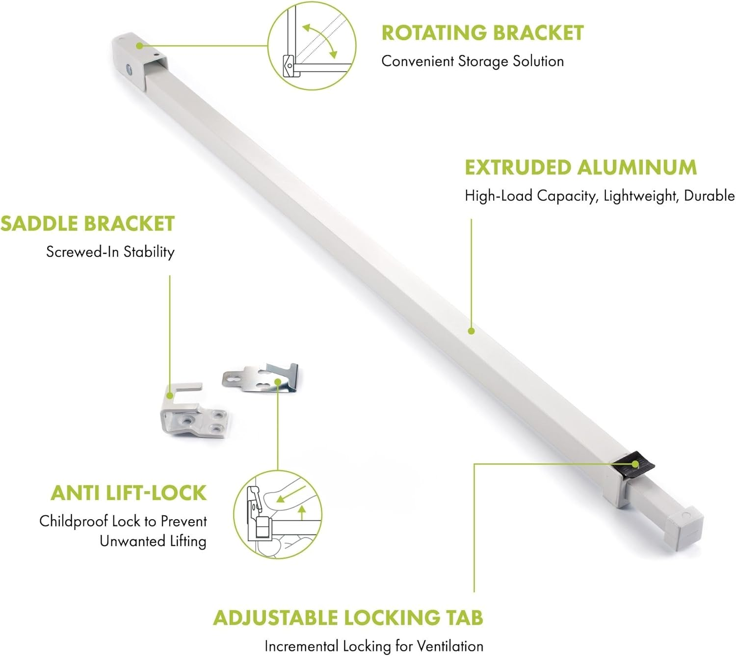 Ideal Security SK110 Patio Door Security Bar with Child-Proof Lock, Adjustable 25-48 Inches for Ventilation, White