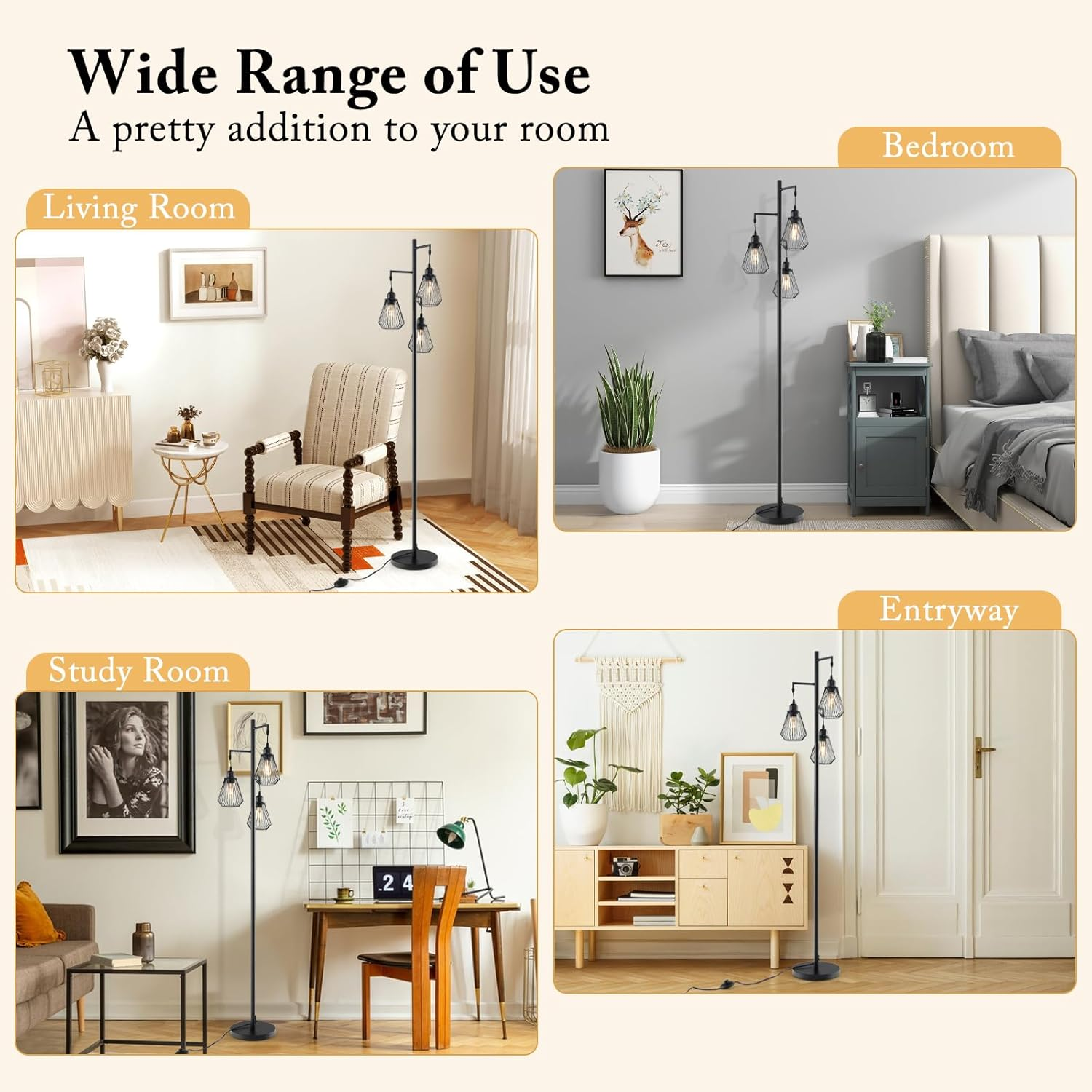 Costway Industrial Tree Floor Lamp, Farmhouse & Industrial Style, Black Metal, 3 Diamond-Shaped Birdcage Lampshades, Foot Switch, Stable Base & Non-Slip Strips, Energy Efficient LED, 27W, 168Cm Tall image number 5