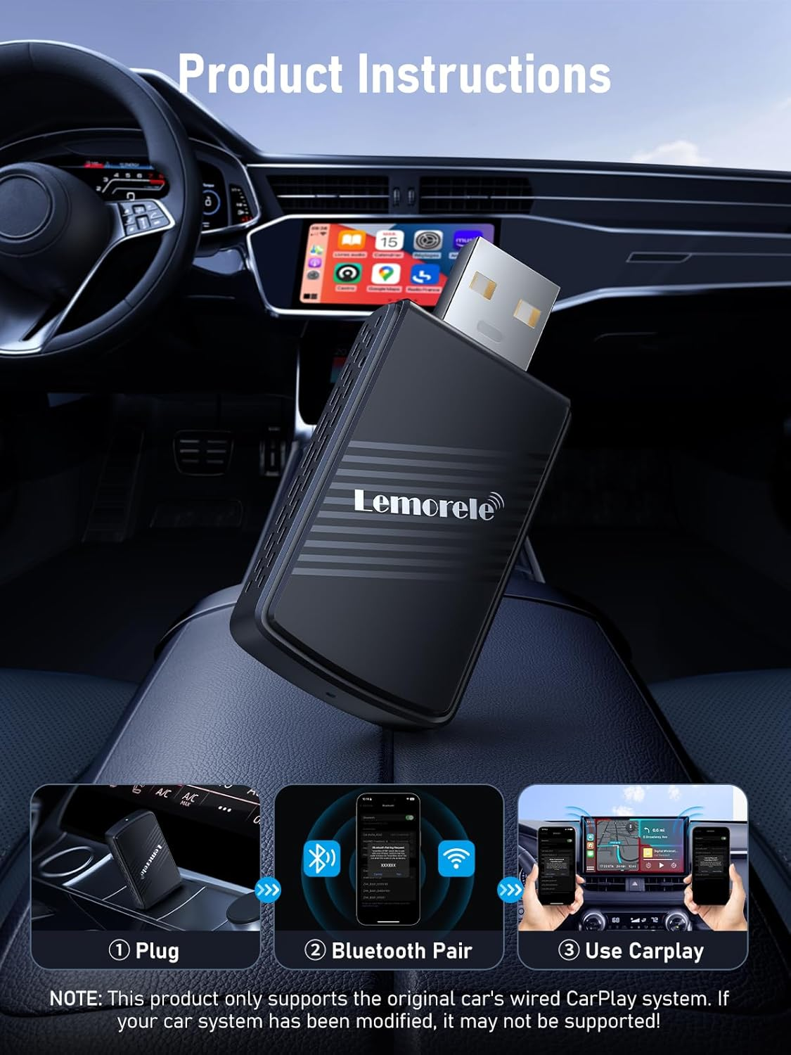 Lemorele Wireless Carplay Adapter, Plug & Play,Easy to Upgrade Wired Carplay to Wireless, Instant Connectivity,Super Mini Car Play Dongle for Iphone,Android Phones Fit for Cars with Built-In Carplay image number 2