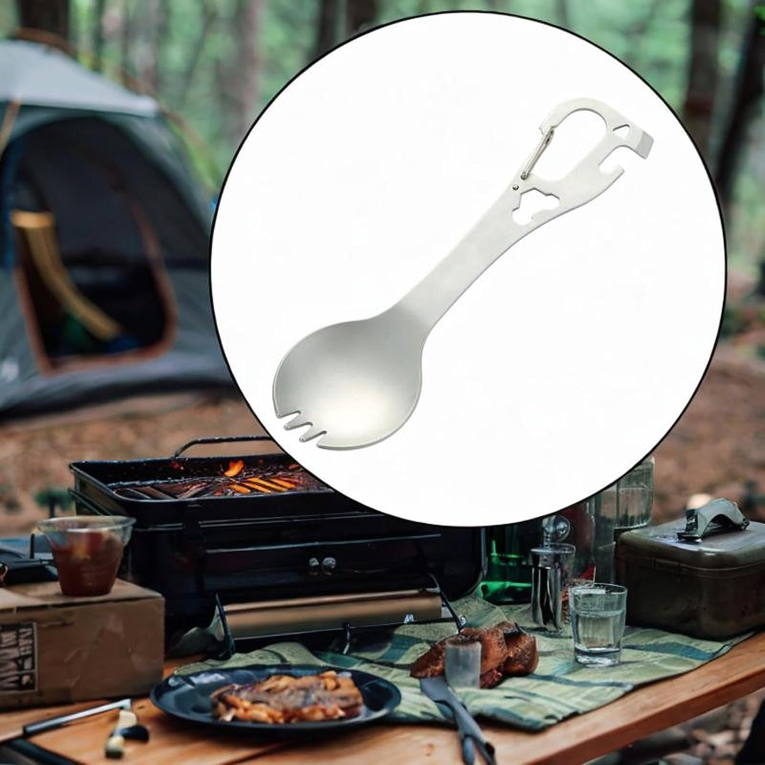 Eigell Camping Fork Spoon Outdoor Gear Can Opener Utensils for BBQ Hiking Fishing, Silver image number 2