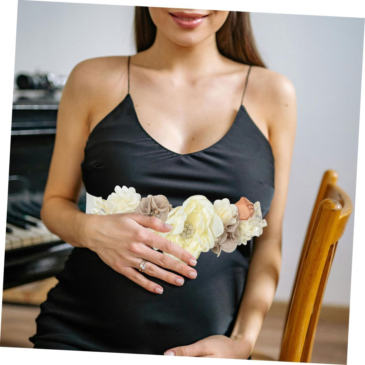 2Pcs Floral Satin Ribbon Maternity Sash Belt for Shower Pregnancy Photoshoot Belly Band Rhinestones for Expectant Mothers Beige image number 2
