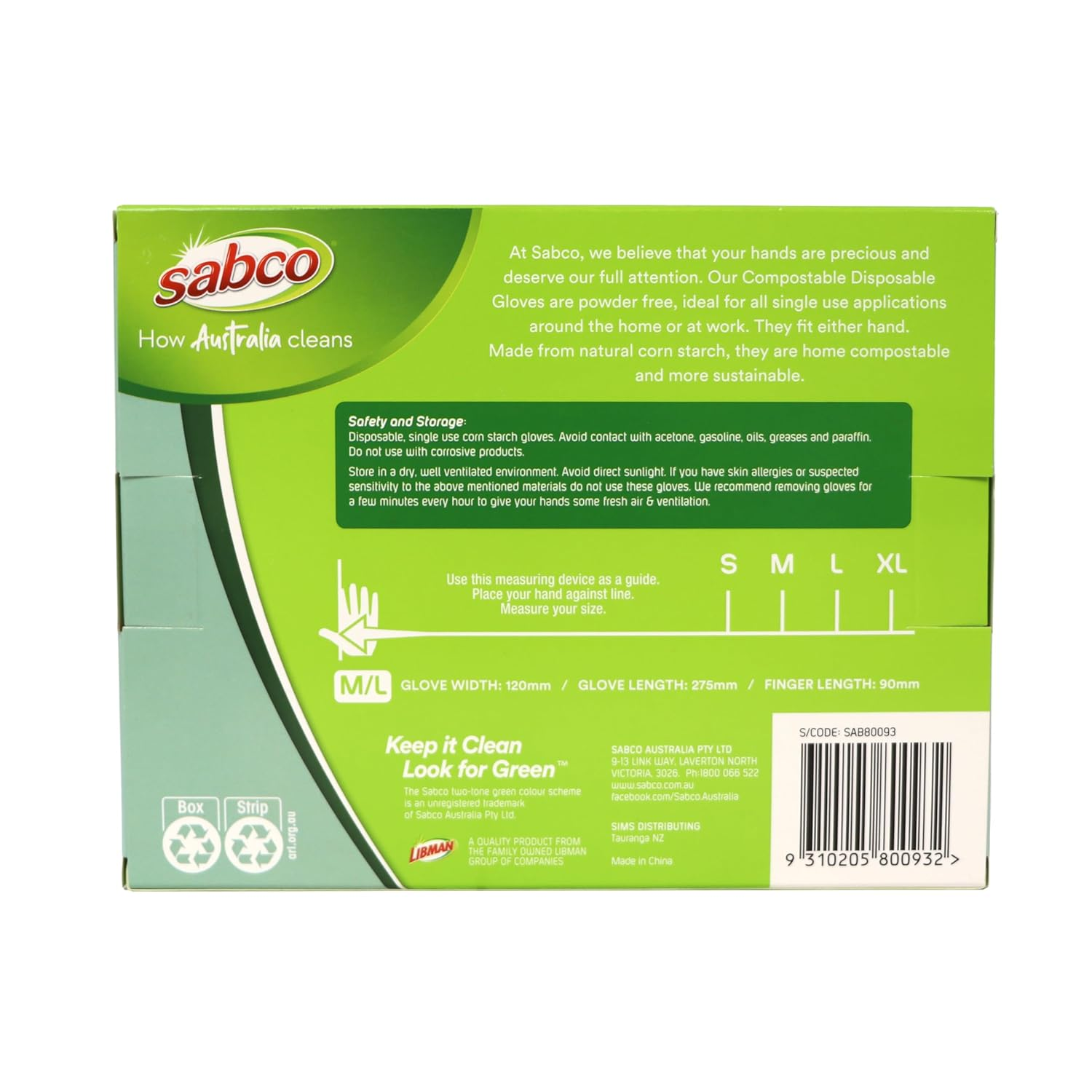 Sabco Cornstarch Compostable Latex Free Disposable Gloves, Medium/Large (Pack of 100)