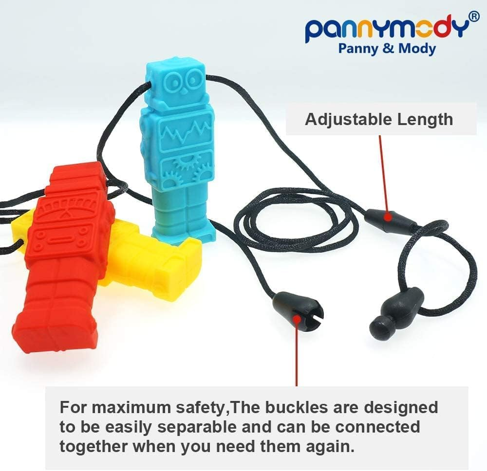 Sensory Chew Necklace for Boys and Girls(3 Pack), BPA Free Silicone Chewable Robot Pendant Necklaces for Kids with Autism ADHD - Oral Motor Chewing Toys - Blue, Red, Yellow image number 3