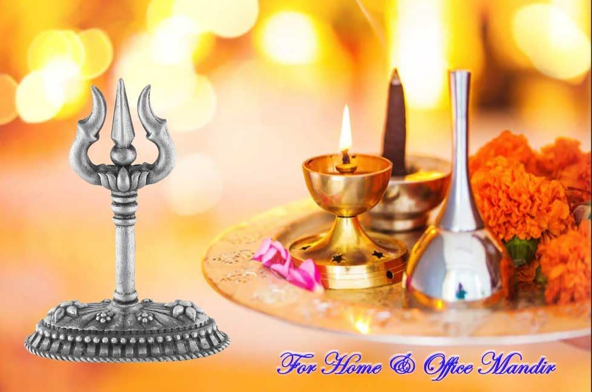 CARATCAFE Silver Trishul for Pooja Trident with Stand for Car Dashboard, Home & Office Use. Made in Pure 925 Solid Chandi 5 Cm. Hallmark Certified Gift Article for All Occasions & Festivals image number 1