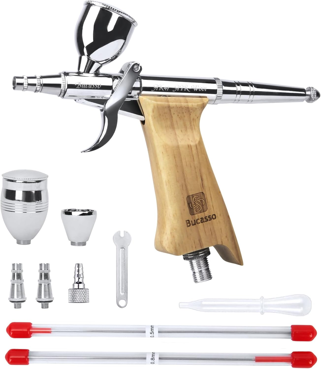 Bucasso Airbrush Guns for Painting, Double Action Trigger Airbrush Kit with 0.3Mm/0.5Mm/0.8Mm Needles/Nozzle Sets, Replaceable Fluid Cup, Airbrush Spray Set for Painting Nails Cake Tattoo (W002-W)