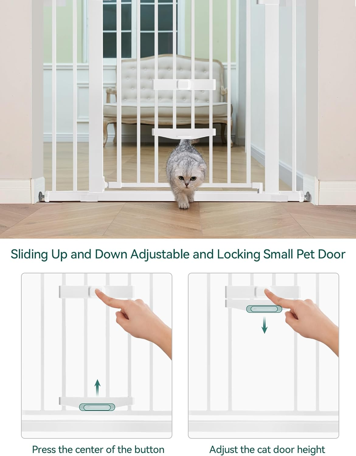BABELIO Baby Gate with Cat Door, 73.7-101.6 CM Metal Dog Gate for Stairs & Doorways, Pressure Mounted Safety Gate with Pet Door, NO Tools Needed (76.2 CM Tall, White) image number 1