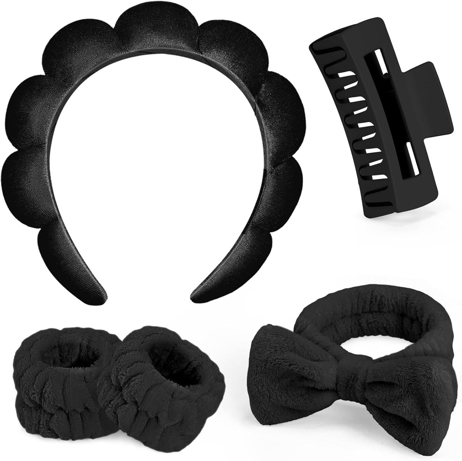 Leezmark 5 Pcs Spa Headband and Wristband Set, Skincare Headbands for Women, Bubble Spa Headband for Washing Face, Terry Cloth Headbands for Girls, Soft Velvet Makeup Headband Hair Accessories, Pink