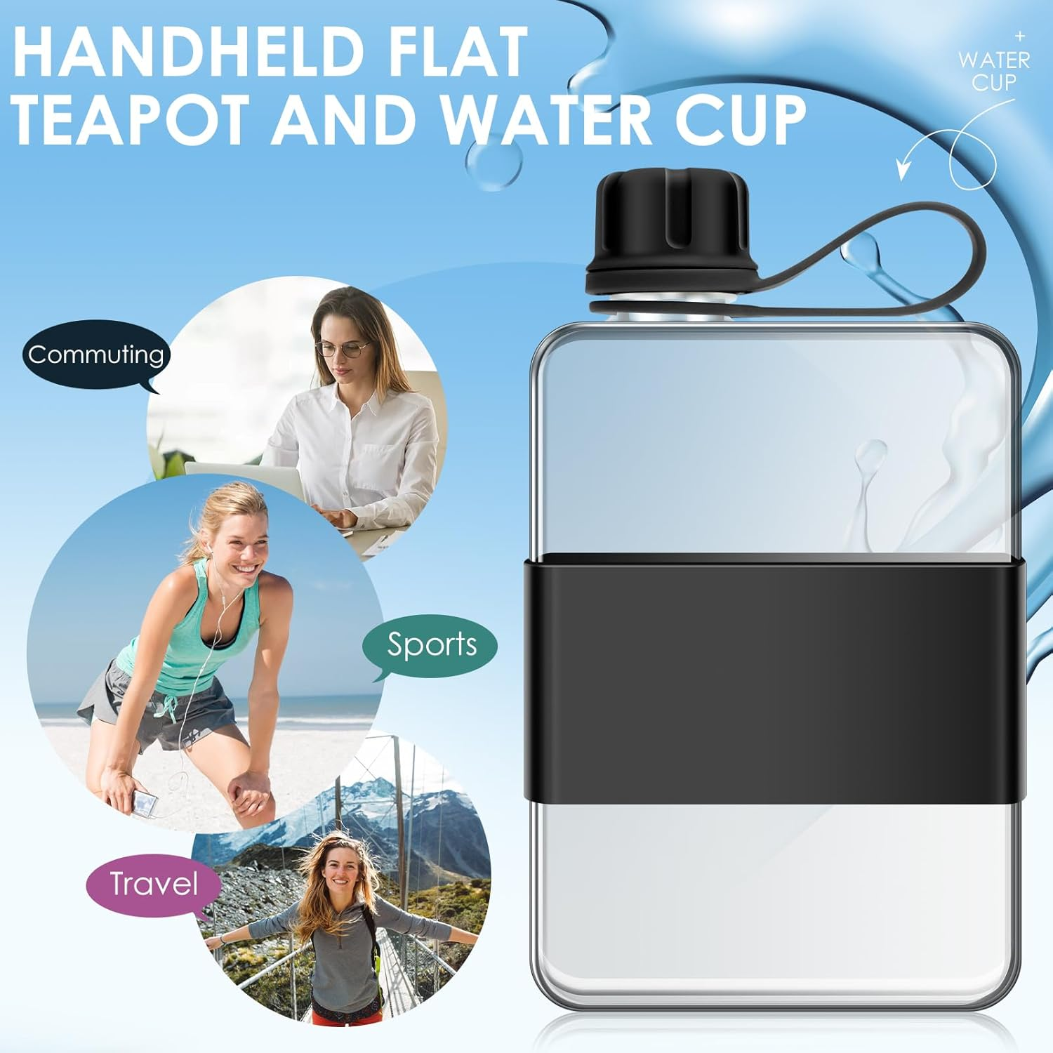 DJAPWPX Flat Water Bottle, Leak Proof Portable Slim Drinking Bottle, Lightweight Large Capacity Slim Traveling Water Mug for Outdoor (Black)