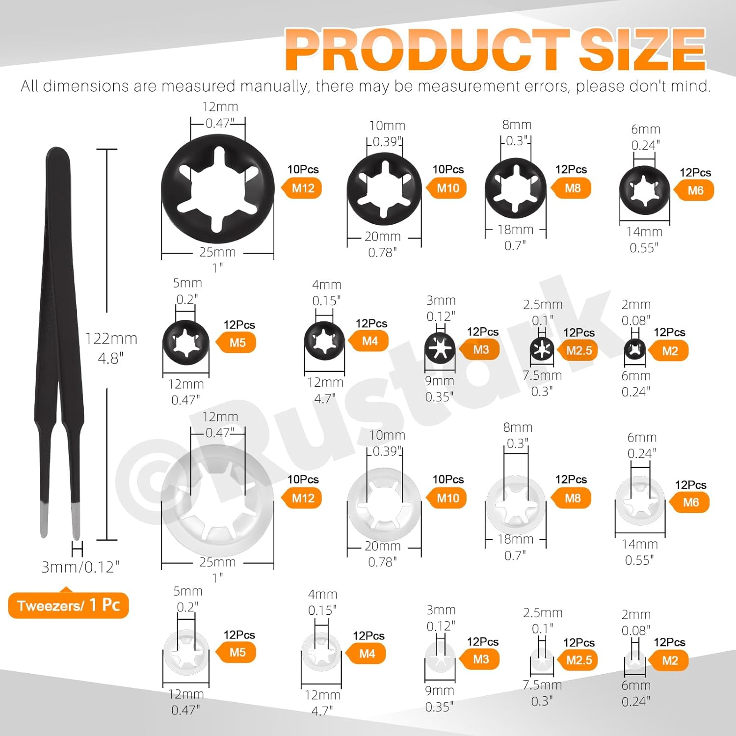 208Pcs M2-M12 9 Sizes Internal Tooth Star Lock Washers Assortment Kit, 304 Stainless Steel Quick Speed Locking Washers and Black Oxide Finish Push on Speed Washers Push on Locking Washer image number 2
