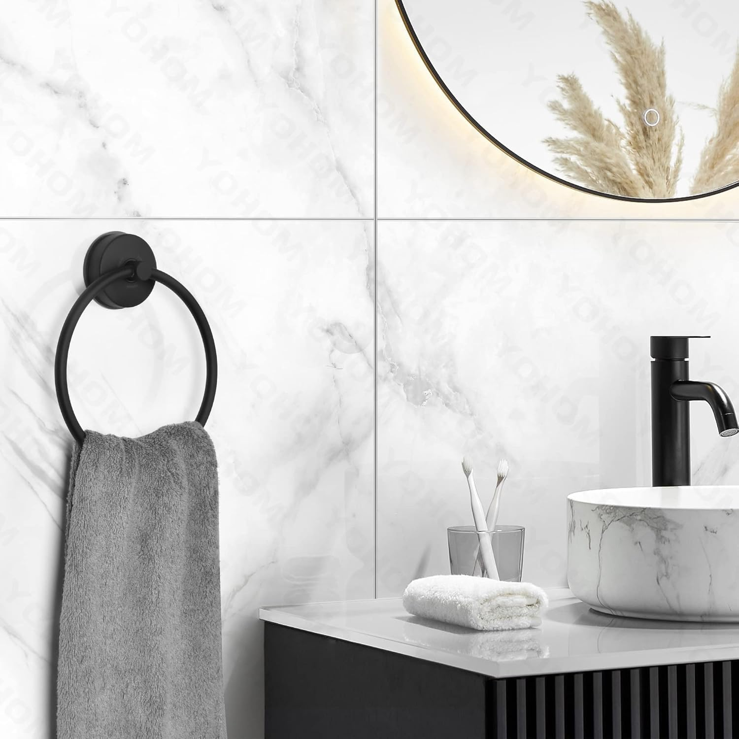 YOHOM Suction Towel Ring Suction Hand Towel Holder Bathroom Stainless Steel Sucker Towel Ring No Drill Vacuum round Towel Rail Shower Towel Rack Suction Cup Dish Towel Hanger Kitchen Matte Black 2Pcs - Matte Black image number 2