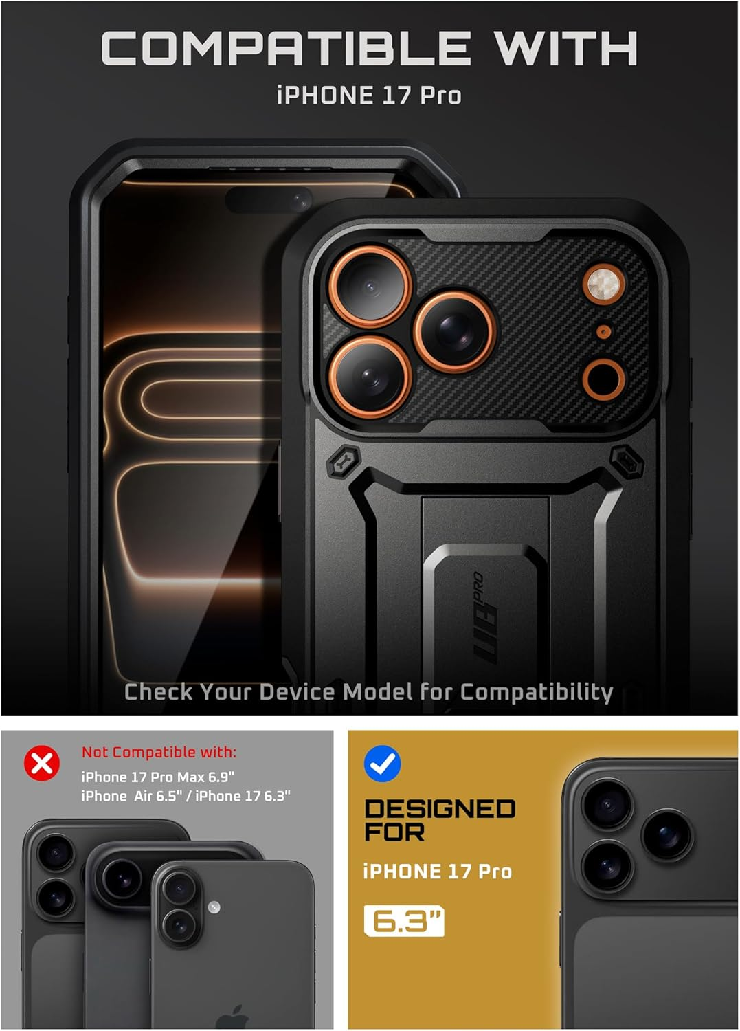 SUPCASE for Iphone 17 Pro Case with Camera Control Button (Unicorn Beetle Pro), [Built-In Kickstand & Screen Protector] [Military-Grade Protection] Full Body Heavy Duty Case, Black image number 2