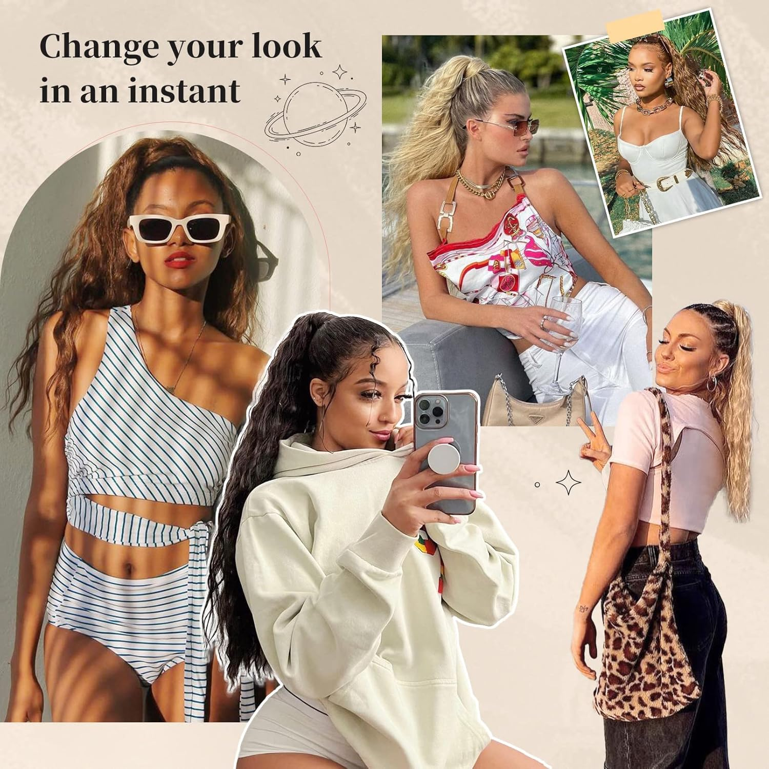 FLUFYMOOZ Ponytail Extension, 26 Inch Drawstring Ponytail Hair Extensions for Women，Long Curly Wavy Ponytail Natural Wavy Synthetic Hairpiece for Women Daily Use Party （22 Inch Ash Brown with Blonde Highlights） image number 3