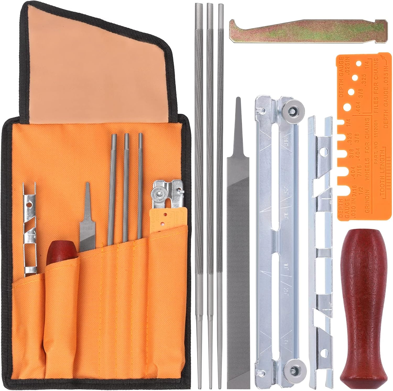 10Pcs Chainsaw Sharpener File Kit Includes 5/32'', 3/16'', 7/32" round Chainsaw Files, Flat File, Wood Handle, Depth Gauge, Filing Guide for Sharpening Filing Chain Saw Teeth Blade image number 4