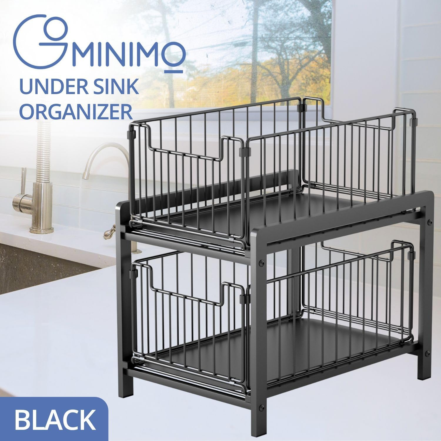 Gominimo under Sink Stackable Organizer Pull Out Sliding Drawer Cabinets, Multi-Purpose under Sink Shelf for Kitchen and Bathroom/Cabinet Drawers, Black image number 4