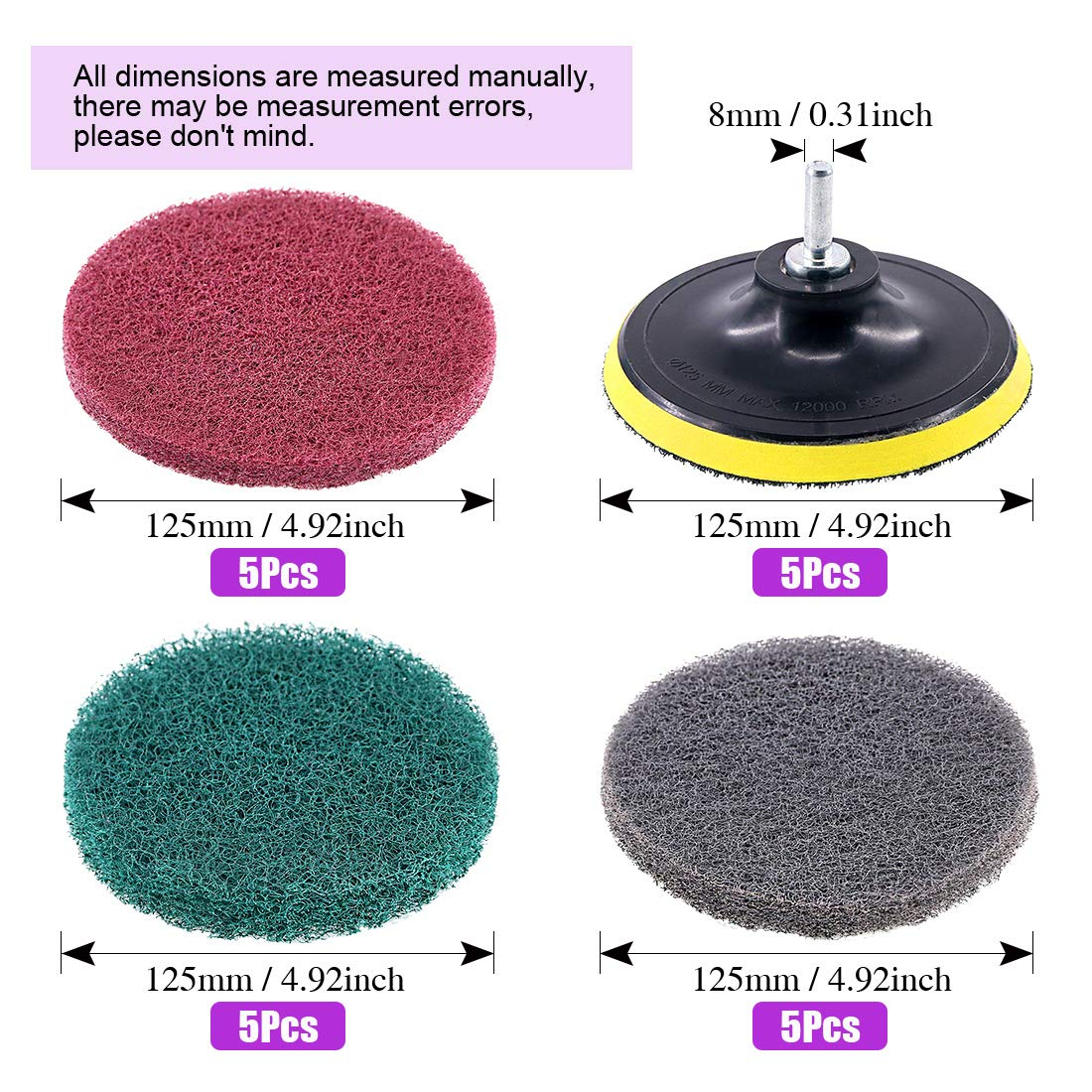 Swpeet 16Pcs 5Inch 3 Different Color Scrubbing Pads Drill Powered Brush Tile Scrubber Scouring Pads Cleaning Kit, Abrasive Buffing Pads Replacement with 1 Pcs Hook Attachment for House Cleaning image number 2