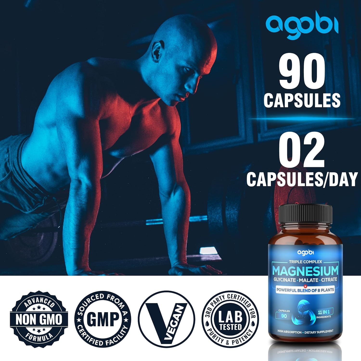 11In1 Magnesium Glycinate Chelate Complex with Magnesium Malate Powder, Pure Magnesium Citrate, Black Bean & Others - 90 Capsules image number 4