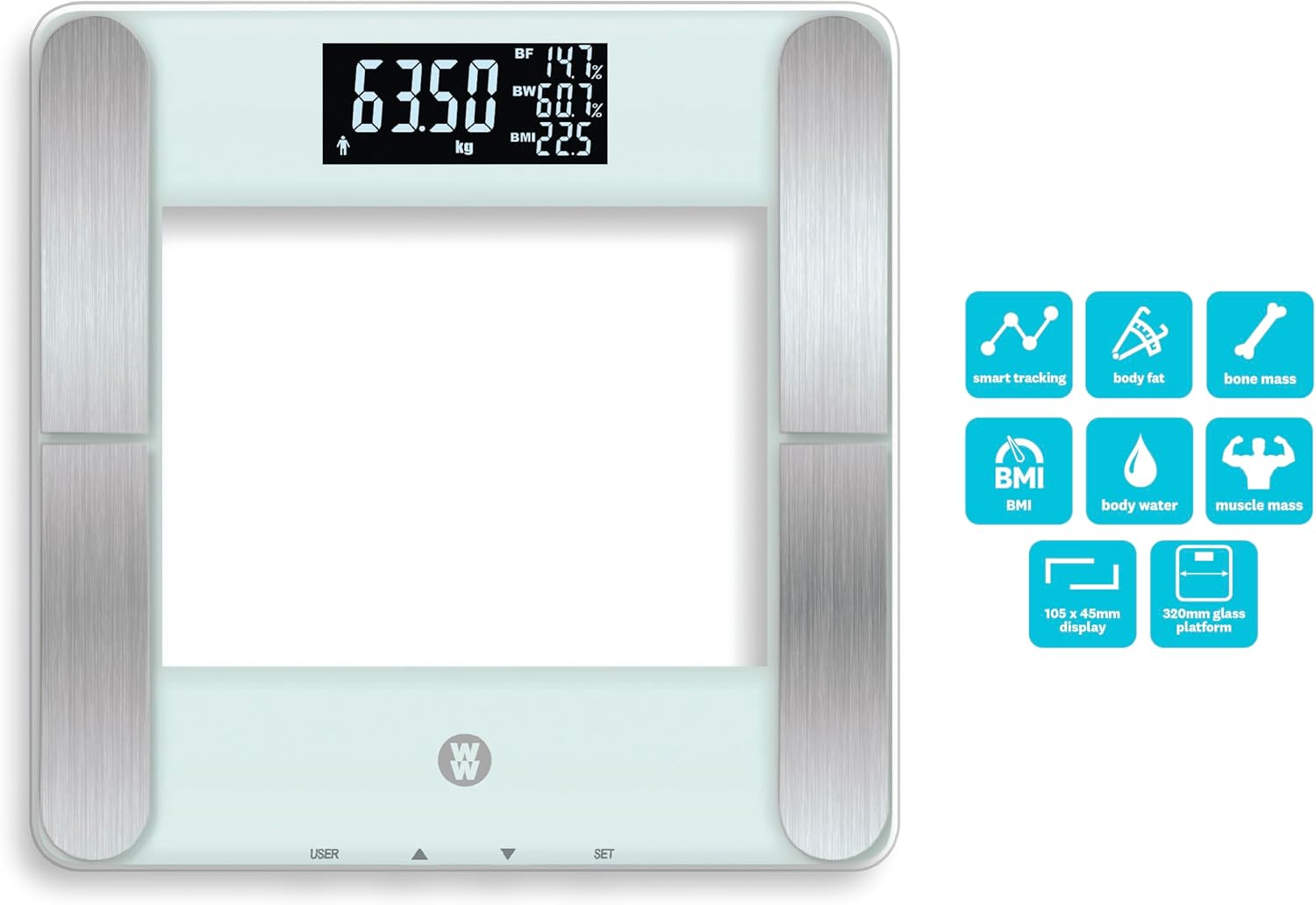 WW Body Analysis Smart Scale &ndash; Measures Weight, Body Fat, Water, Bone & Muscle Mass, BMI &ndash; 4 User Memory, Advanced Weight Tracking, Large LCD Display, 182Kg/400Lb Capacity, Tempered Glass, 10 Year Warranty image number 5