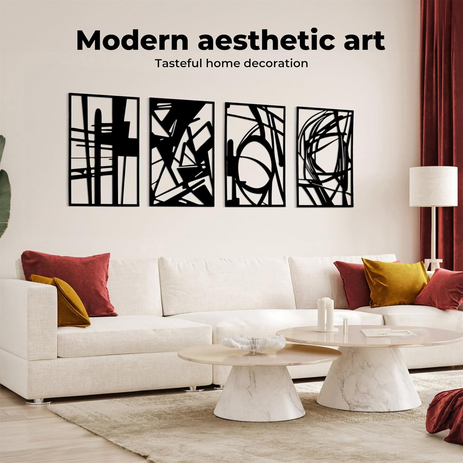 Yezi 4 Pcs Metal Abstract Wall Art, Minimalist Matte Black Single Line Art Decor, 3D Sculptures Textured, Aesthetic Modern Sculpture, Hanging for Living Room Bedroom Kitchen Bathroom Decorations image number 1