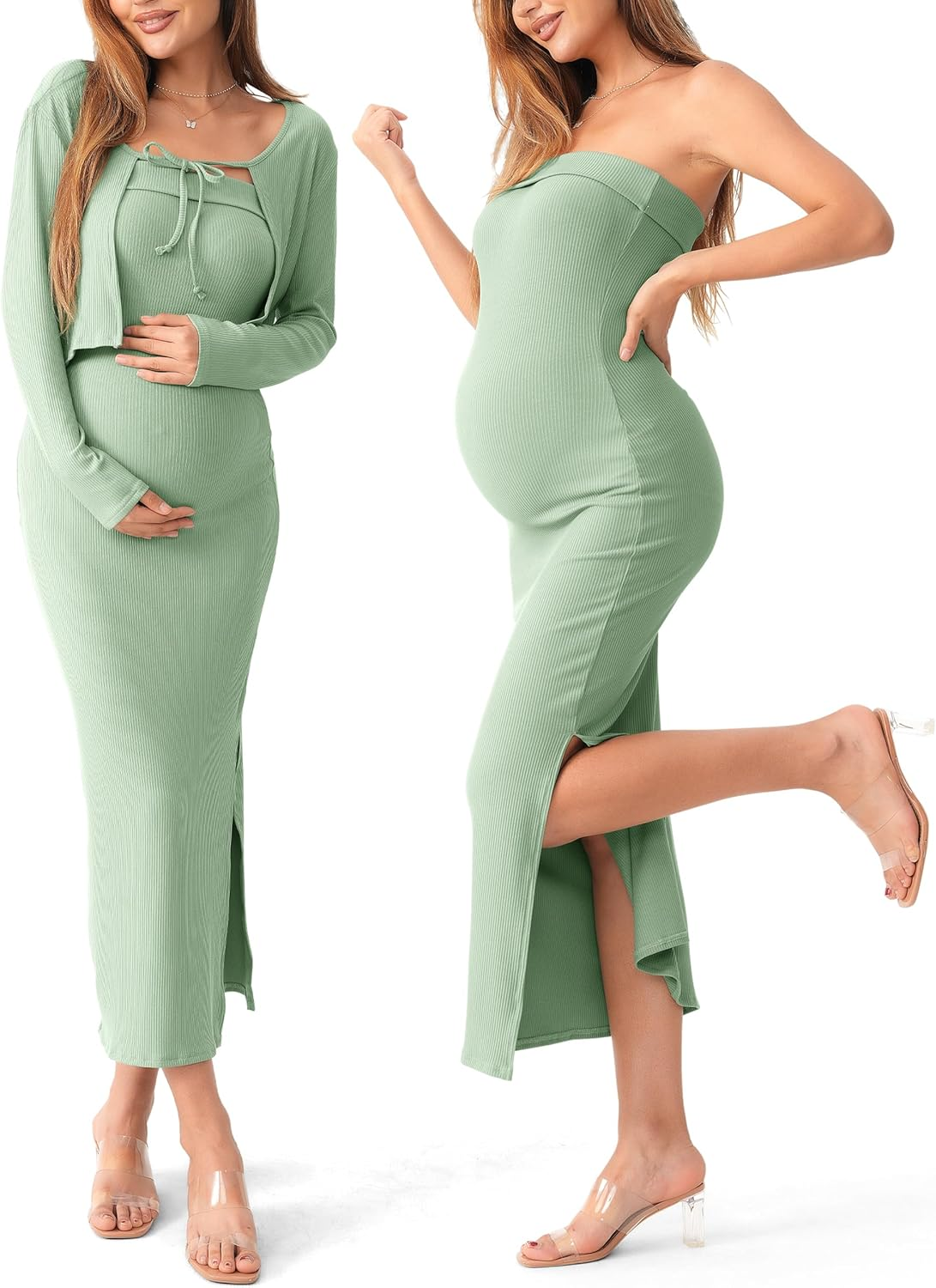 SUNNYBUY Baby Shower Maternity Tube Dress Short Cardigan Bodycon Ribbed Maxi Dress Casual 2 Piece Pregnancy Outfit Set, Sage Green, Xx-Large image number 3