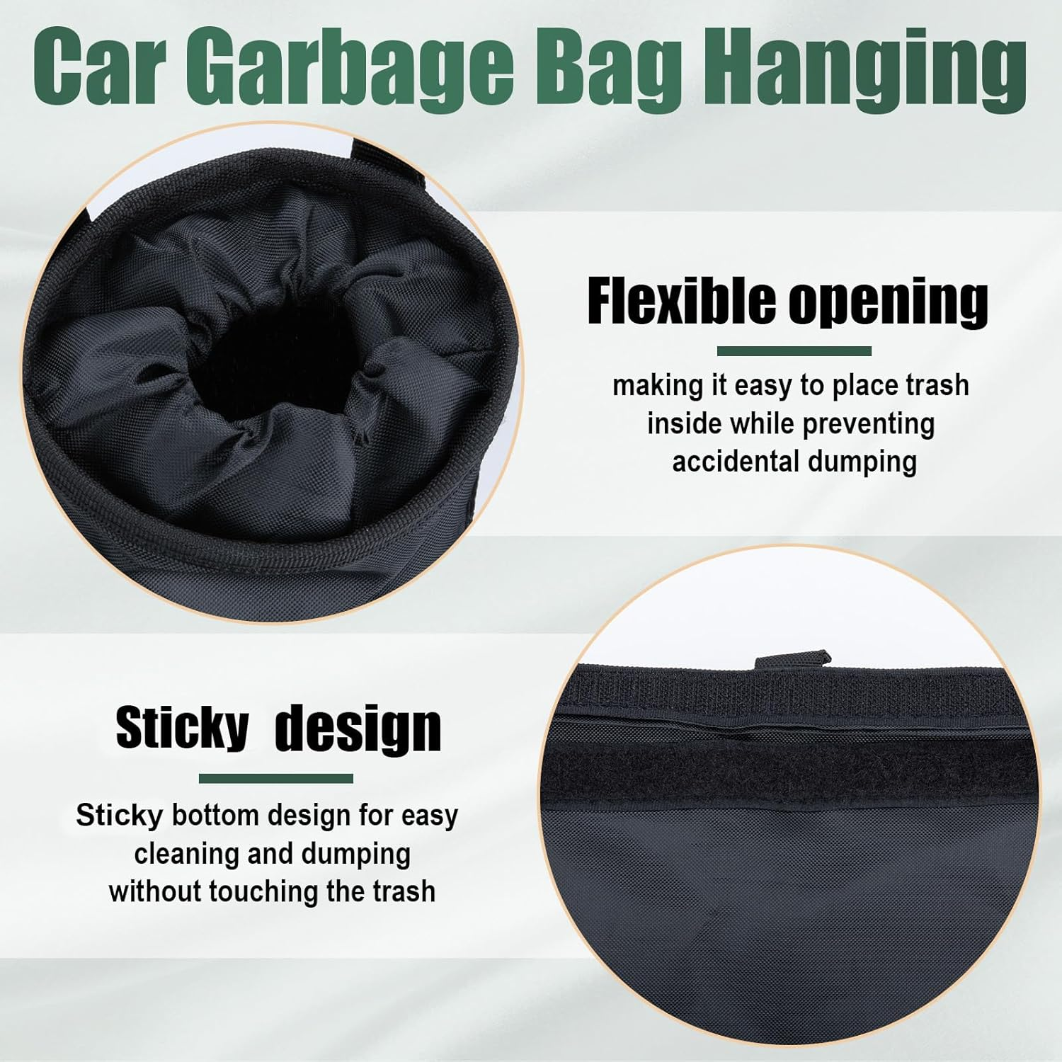 2 PCS Car Trash Bags, Washable Car Garbage Bag Hanging, Detachable Trash Can with Top Elastic Vent & Sticky Strap Bottom Opening, Seat Back Tash Bag for Cars,Travelling,Outdoor