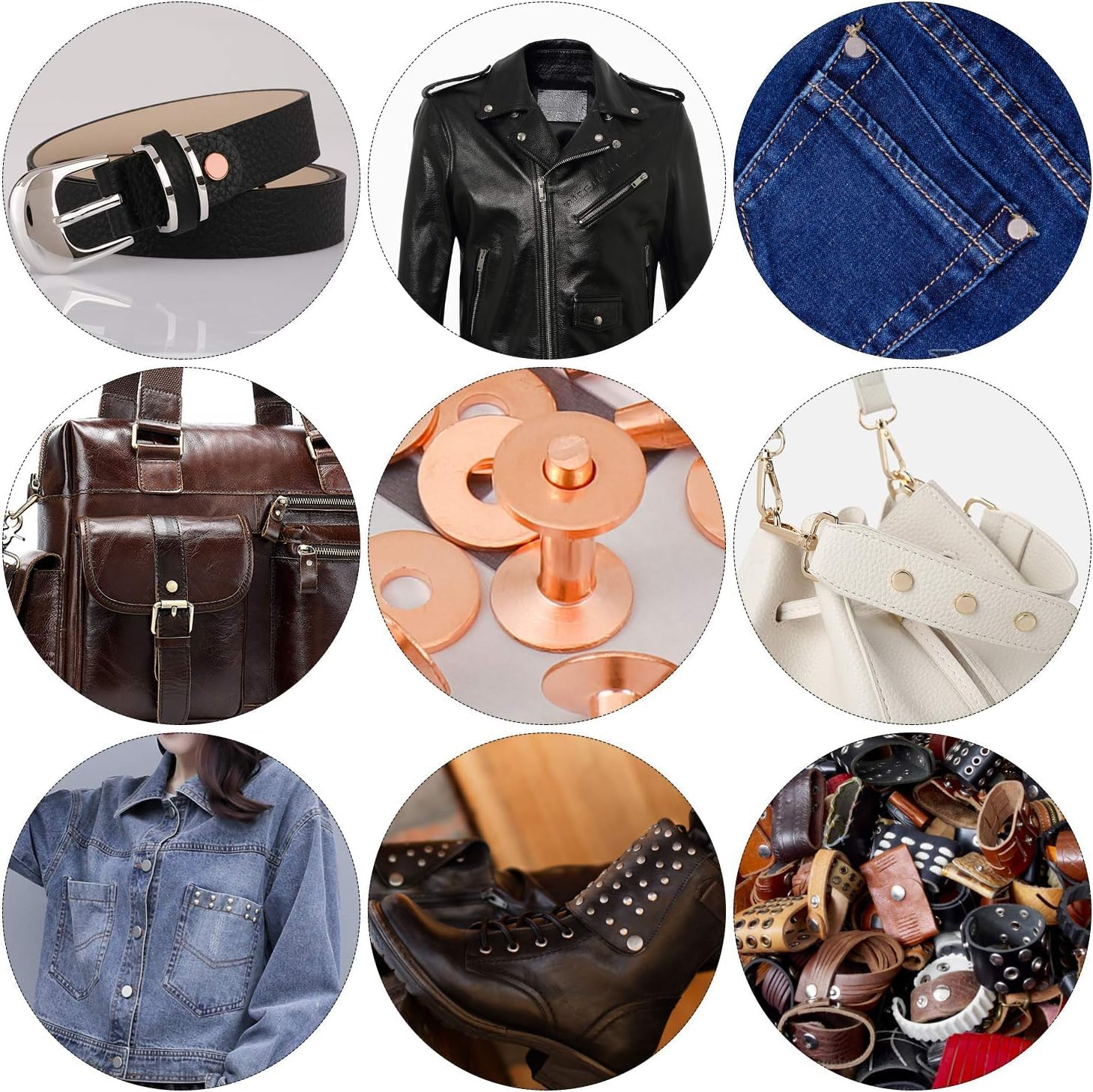 Selftek 20Pack Copper Rivets and Burrs (14Mm and 19Mm) with 2Pcs Punch Rivet Tool for Belts, Bags, Collars, Leather-Crafting, Bracelets image number 3