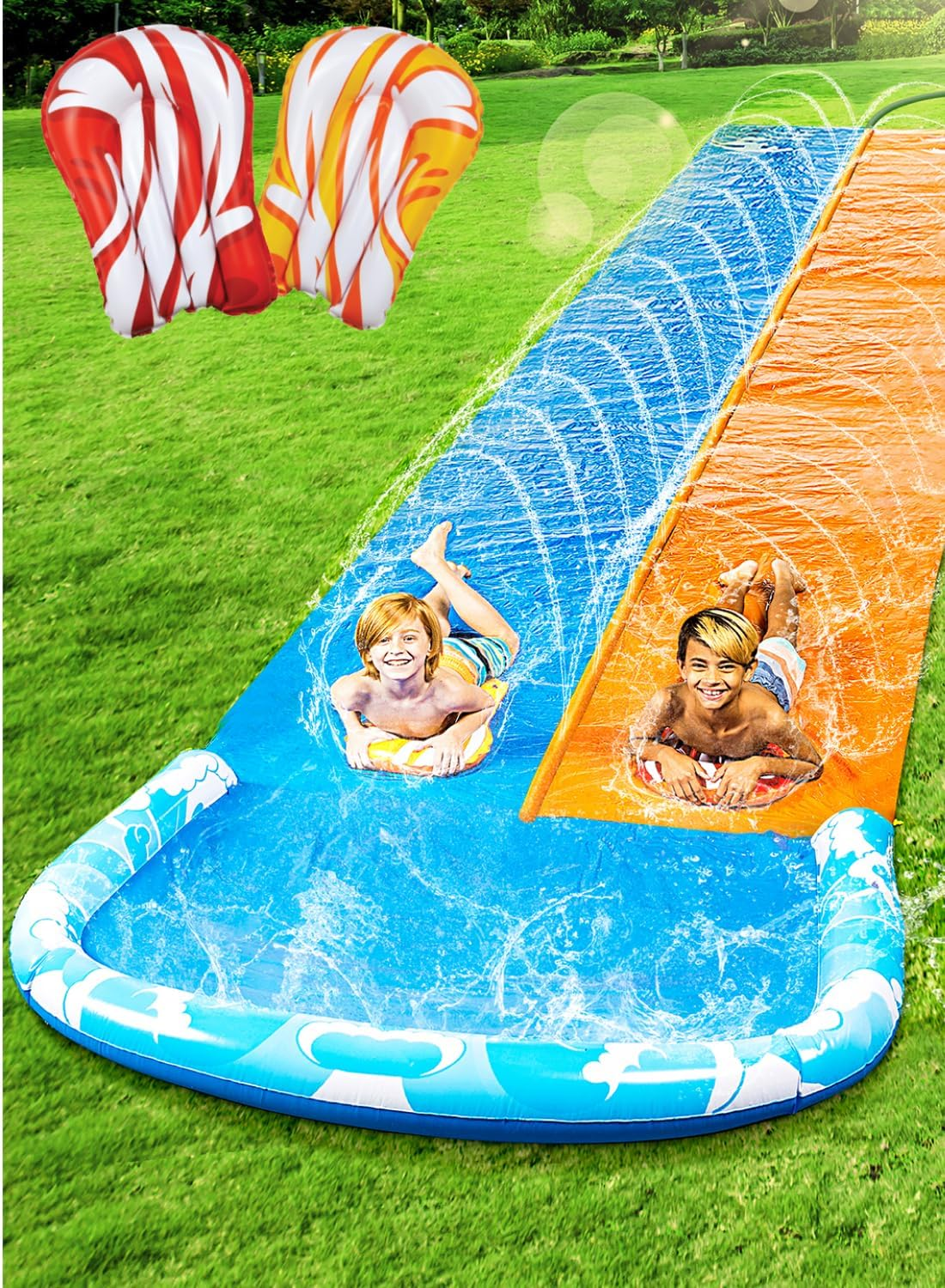 JOYIN 22.5Ft Water Slides and 2 Bodyboards, Lawn Water Slide Summer Slip Waterslides Water Toy with Build in Sprinkler for Backyard Outdoor Water Fun for Kids image number 4
