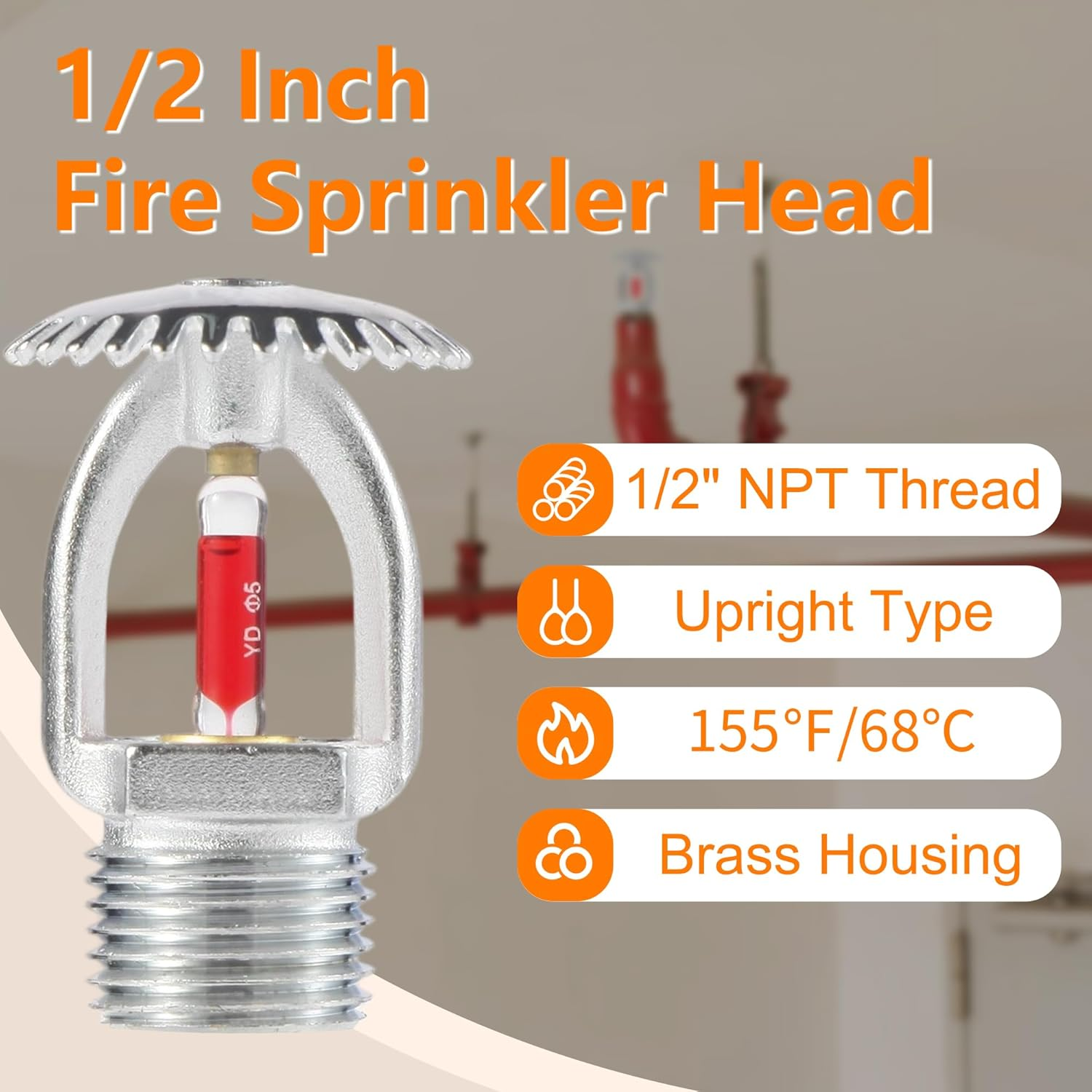 5Pc Fire Sprinkler Head & Wrench, 1/2 Inch 155℉ Upright Sprinklers K80 Water Spray up 68&deg;C Quick Response 1/2 NPT Thread for Home/Commerical/Residential Replacement (Upright Type) image number 2