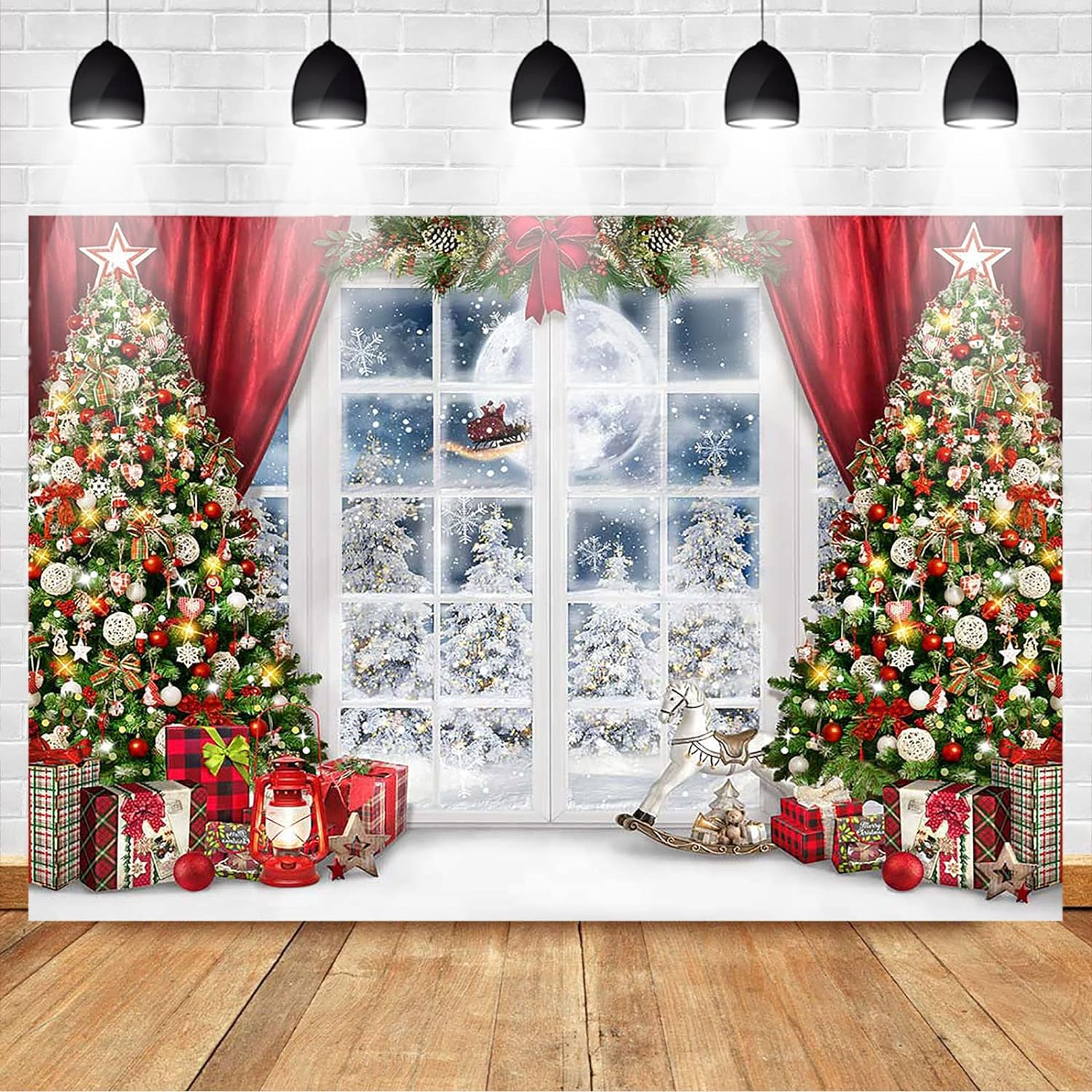 Mocsicka Christmas Window Backdrop for Photography Winter Xmas Trees Merry Christmas Party Decorations Photo Backdrops Xmas Night Santa Claus Photography Background (7X5Ft) image number 4