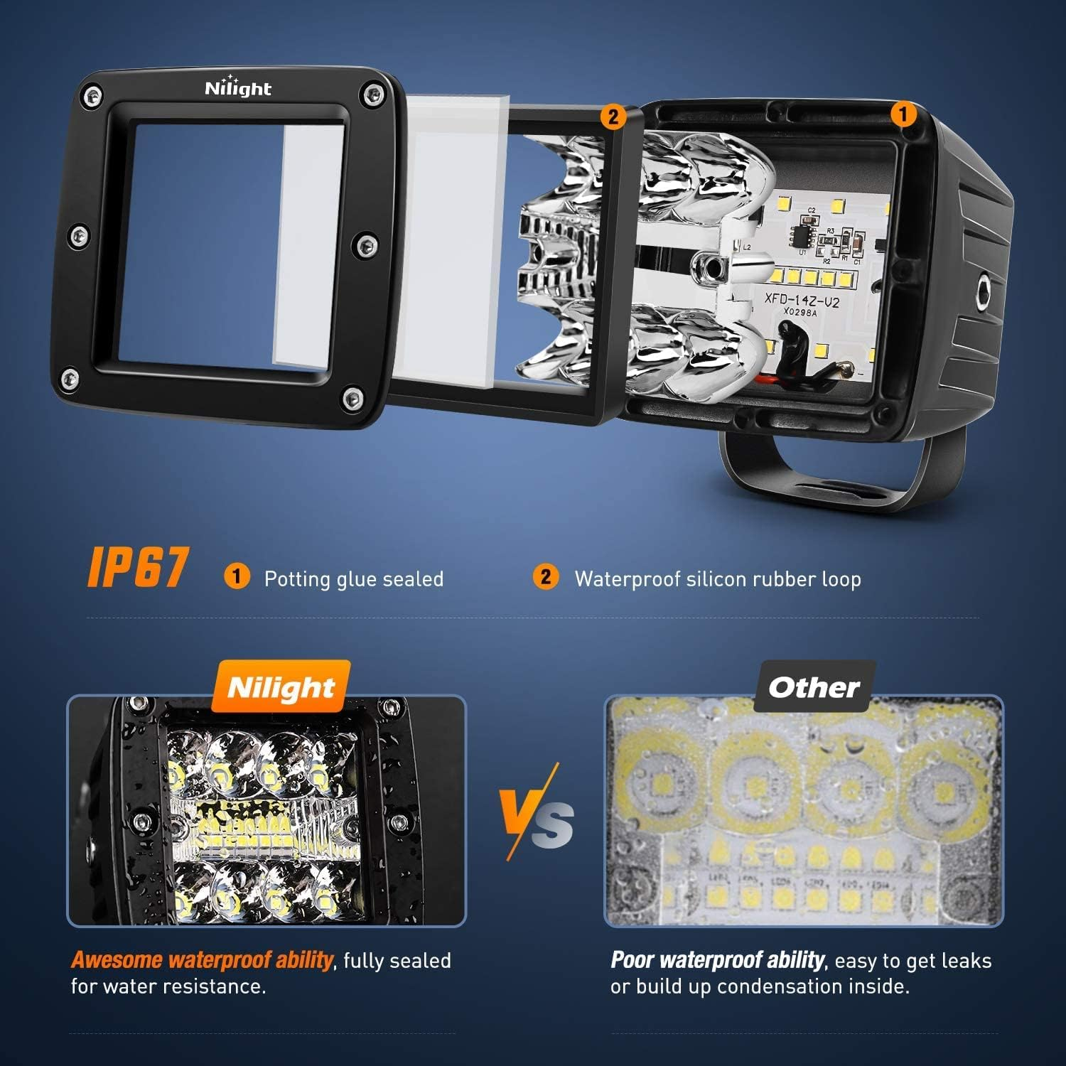 Nilight 2Pcs 3 Inch Led Pods Cubes 2-2.5 Inch Tow Hitch Mounting Brackets LED Backup Reverse Lights Rear Search Light Bar Wiring Harness Kit -2 Leads for SUV Truck Trailer image number 4