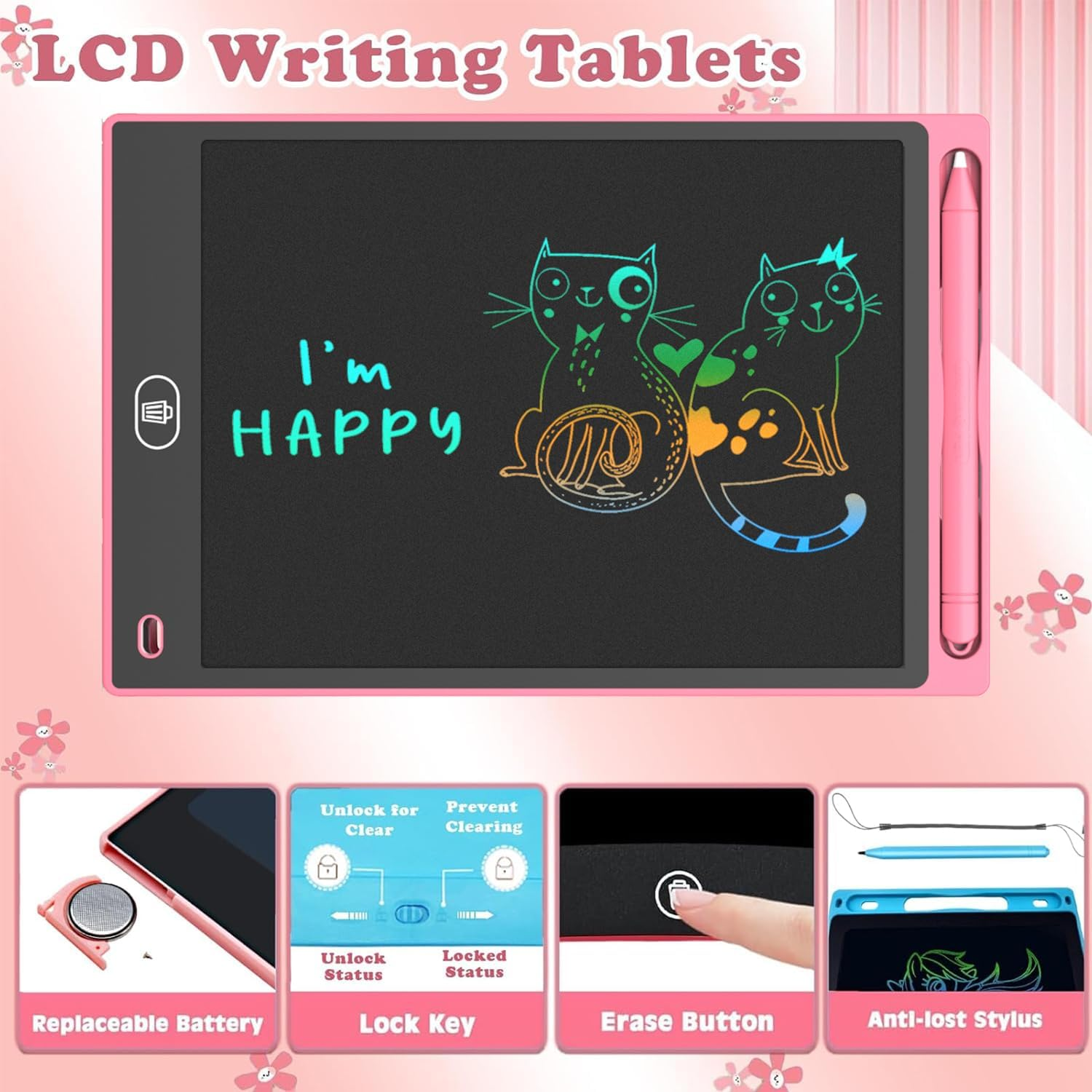 LCD Writing Tablet for Kids, 10 Inch Colorful Doodle Board Drawing Tablet, Erasable Doodle Pad for Toddlers, Educational Learning Toys Birthday Gifts for Boys Girls Age 3 4 5 6 7 8 (Pink) image number 2