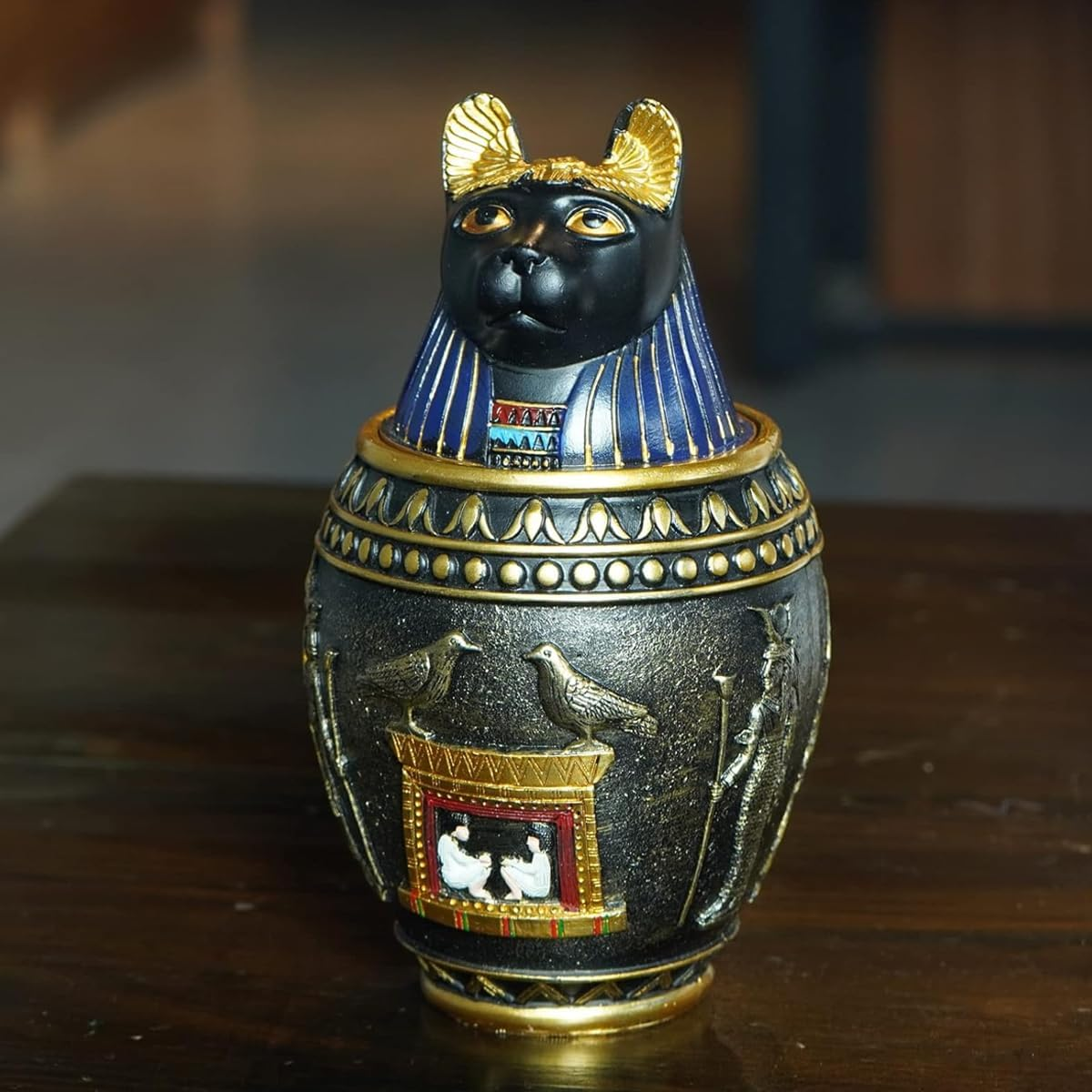 AIMALL Egyptian Cat Decorative Urn, Resin Anubis Jar with Lid, Vintage Style Pet Memorial, Internal Storage, 7.28In image number 4
