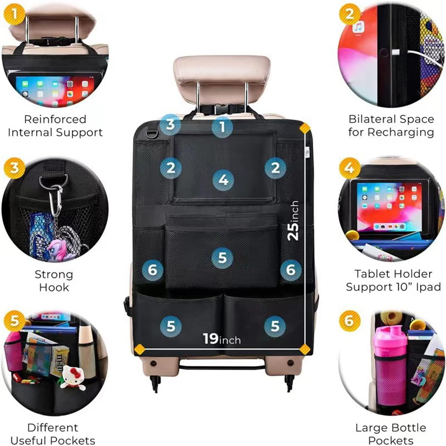 Backseat Car Organizer, Kick Mats Back Seat Protector with Touch Screen Tablet Holder, Kids Durable Waterproof Oxford Fabric, 9 Storage Pockets for Snacks Toys,Car Accessories (1Pack-Black) image number 5