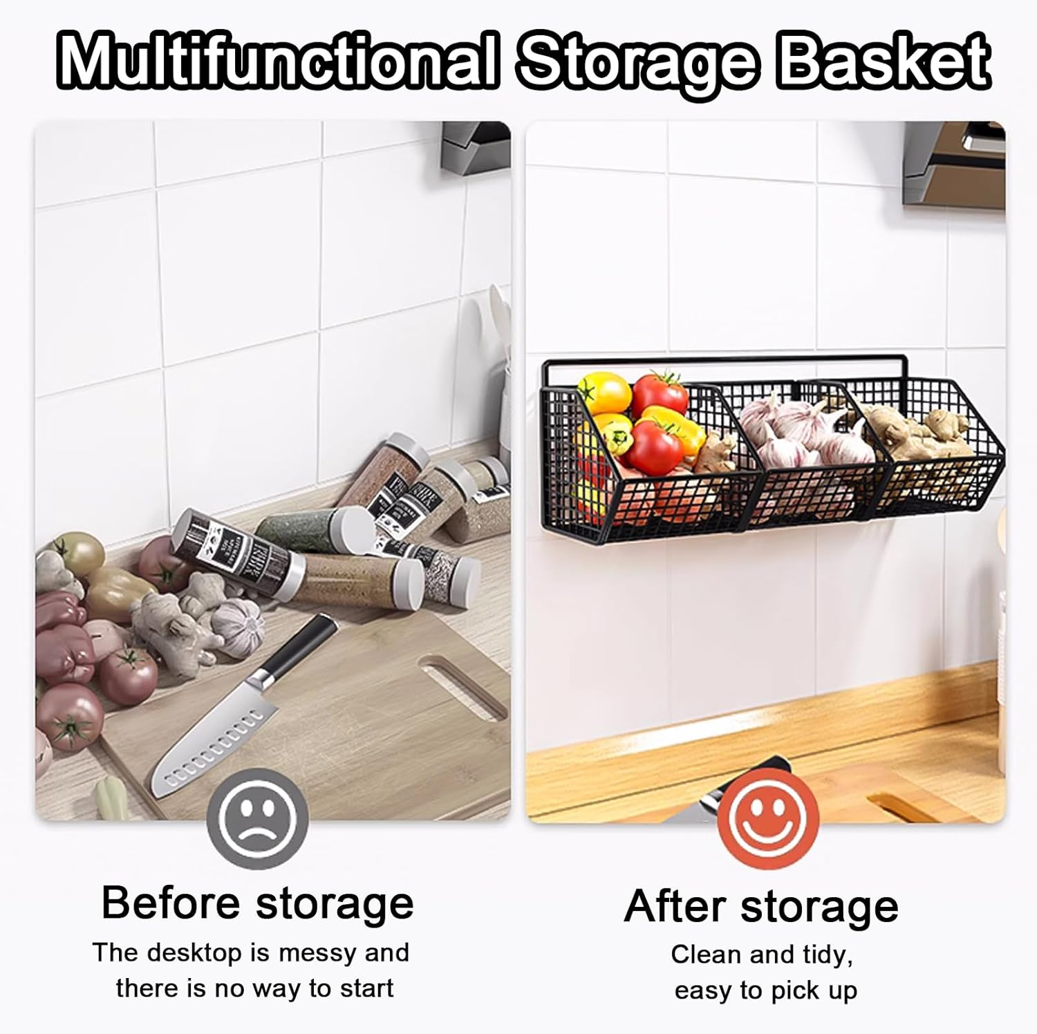 Metal Hanging Fruit Basket for Kitchen Wall,3 Grids Metal Wire Fruit Vegetable Baskets,Bathroom Wall Storage Basket,Rust-Resistant Sturdy Fruit Vegetable Baskets（Black）