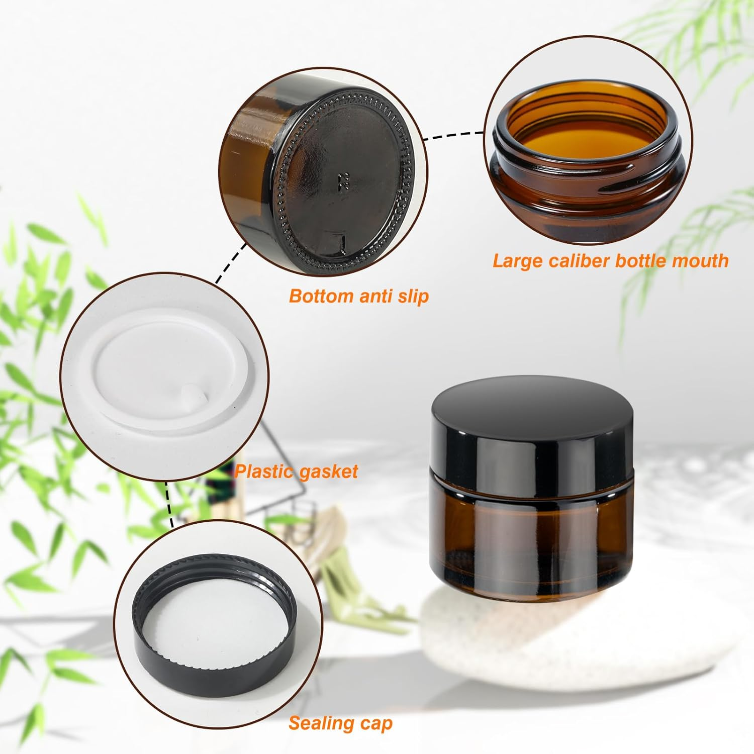 GAUATO 6 Pack 50Ml Brown Glass Ointment Cosmetic Jars with Lid and Liner for Cosmetics Lotion Cream image number 2