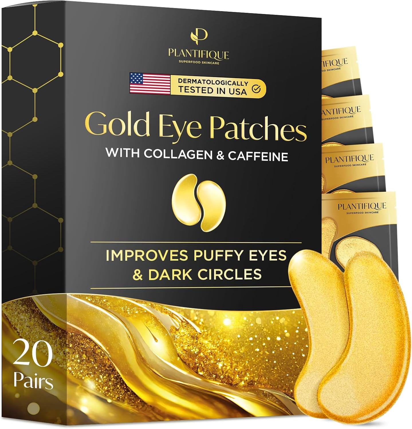 PLANTIFIQUE Gold under Eye Patches for Puffy Eyes | 20 Pairs | Valentines Day Gifts under Eye Masks for Dark Circles | Puffiness Eye Gels | Eye Mask Skincare