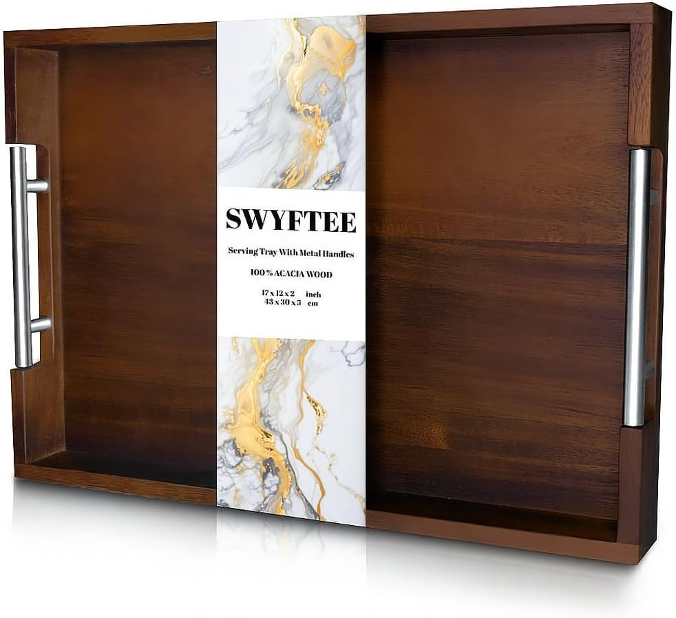 Swyftee Serving Tray with Handles &ndash; 17 X 12 X 2 Inch Dark Brown Acacia Wood Ottoman Tray Table Trays Decorative &ndash; Coffee Tray Wood Decor for Kitchen &ndash; Breakfast in Bed Tray with Silver Metal Handles