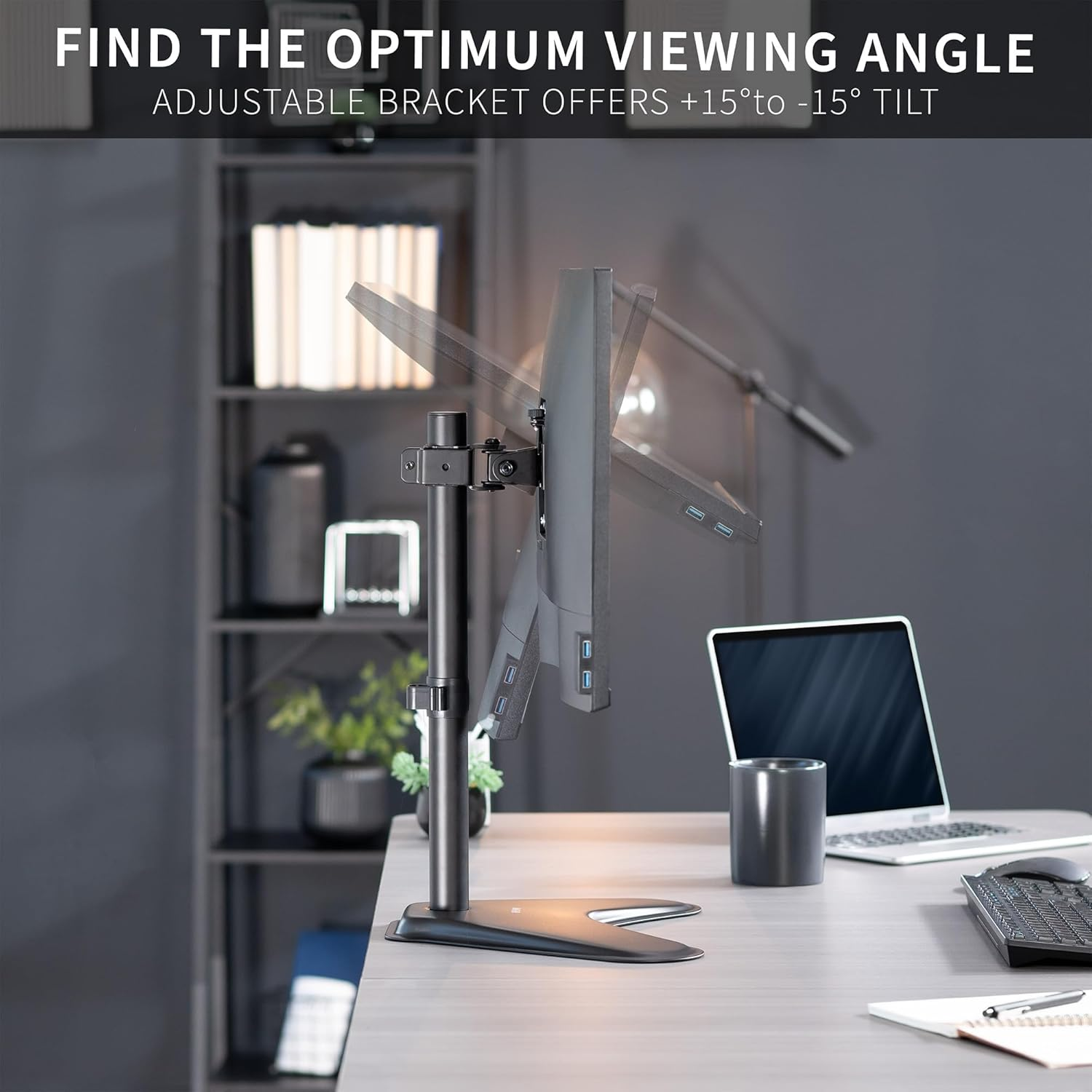 VIVO Single Monitor Desk Stand, Holds Screens up to 32 Inch Regular and 38 Inch Ultrawide, Freestanding VESA Steel Mount Base, Adjustable Height, Tilt, Swivel, Rotation, Black, STAND-V001H image number 3
