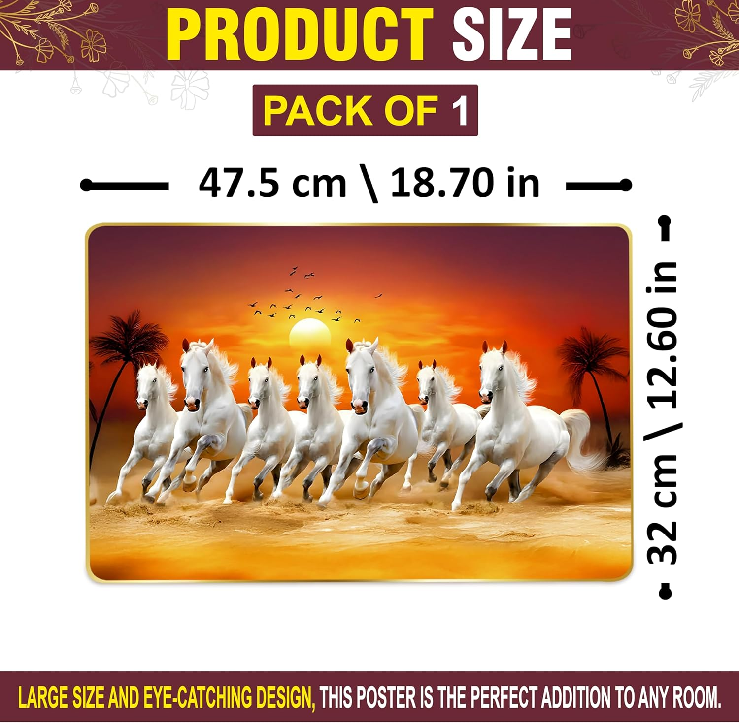 Rousrie 7 Horses Realistic Painting with Frame for Wall Vastu | Seven Running Horse Painting for Wall Decor Living Room Decoration | Big Size Photo Frame | 47 by 32 Cm image number 5