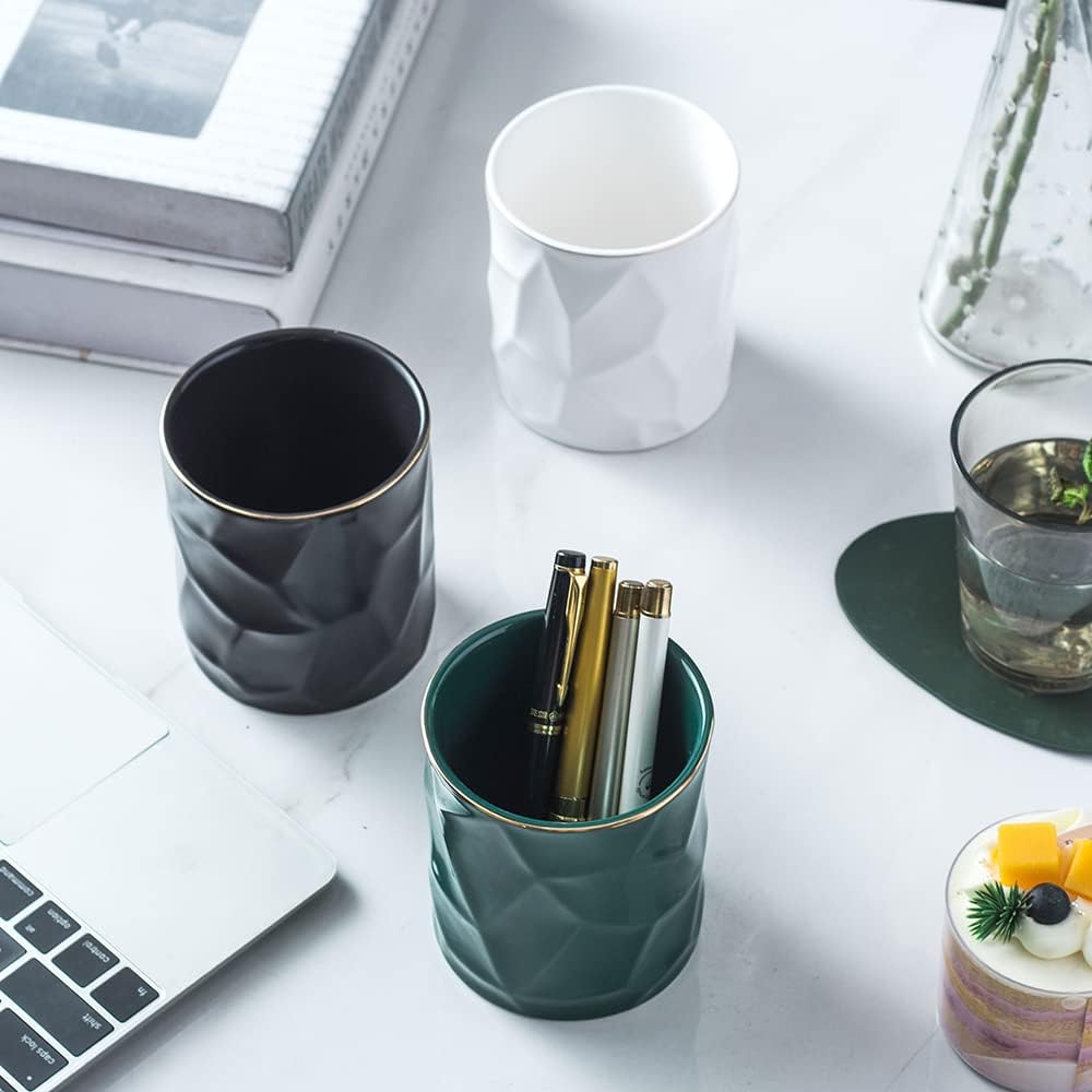 YOSCO Ceramic Irregular round Pen Holder for Desk Cute Stand Gold Line Aesthetic Pencil Cup Pot Desk Organizer for Men Women Makeup Brush Holder (Black) - Black,Gold image number 4