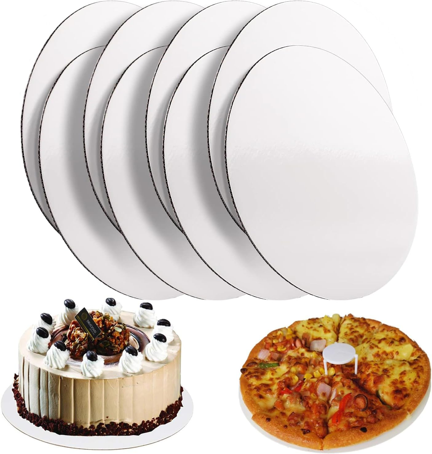 LEIAOLY Cake Boards, White Cake Boards 10 Inch Round, Food-Graded Cardboard Cake Rounds Cake Base, Waterproof and Oil-Proof Cake Boards for Cake DIY, Dessert and Crafts Display(Silver 8 Pcs)